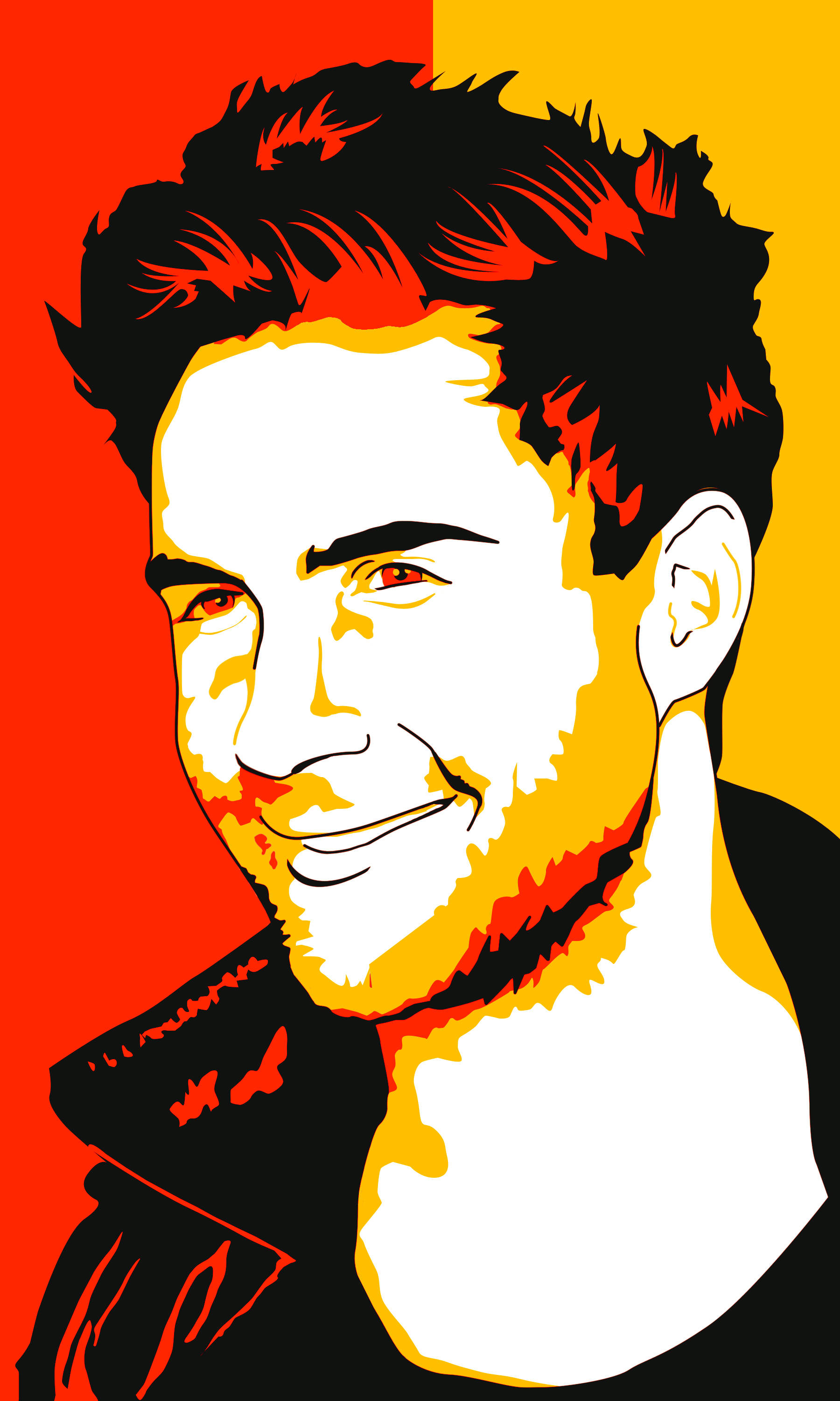 Adam Levine 桌布 壁紙 — 一個風格化的普普藝術肖像，描繪一個面帶微笑、頭髮尖刺的男人，背景為大膽的紅色和黃色。