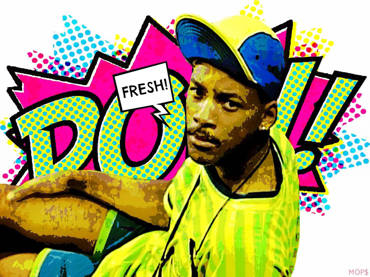 fresh prince 桌布 壁紙 — 一個風格化的普普藝術肖像，描繪一位身穿黃色襯衫和藍色帽子的男人，帶有醒目的漫畫對話框，宣告「FRESH！」