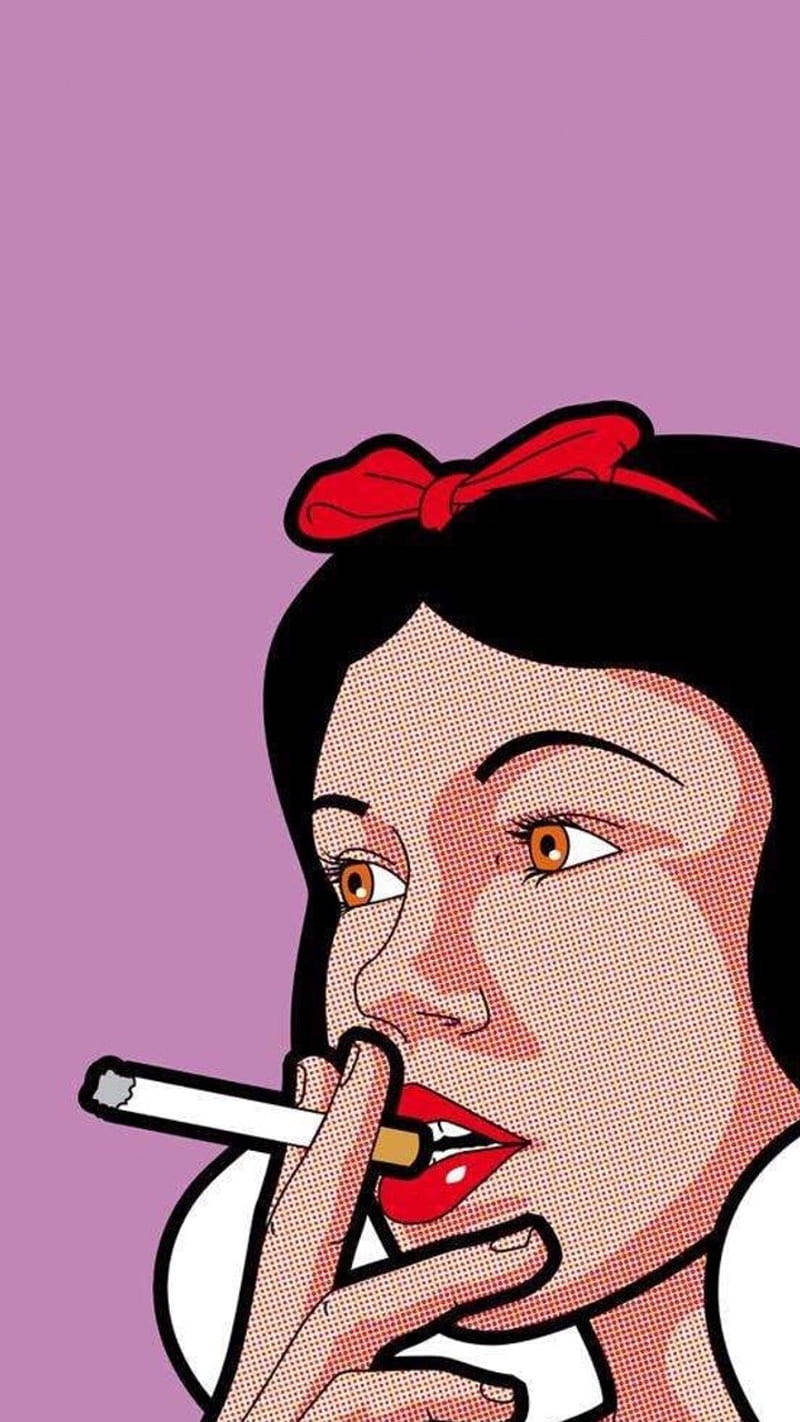 pop 桌布 壁紙 — 一個風格化的普普藝術肖像，描繪一位紅唇、戴蝴蝶結的女性在薰衣草背景前抽煙。