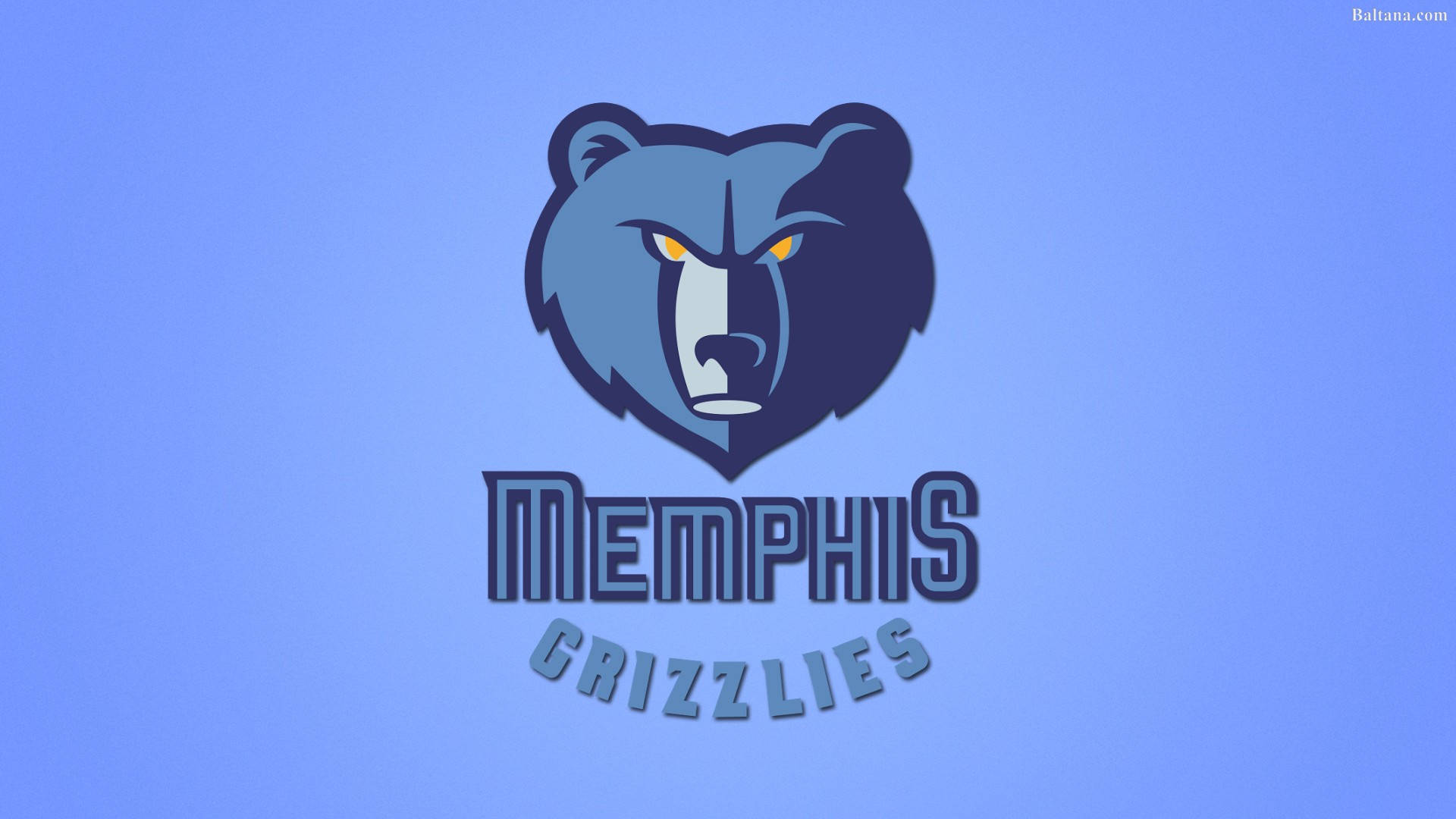Grizzlies 桌布 壁紙 — 一個風格化的曼菲斯灰熊隊熊頭標誌，帶有發光的黃色眼睛，居中在漸變藍色背景上。