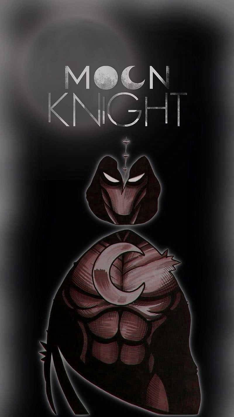 Moon Knight 桌布 壁紙 — 一個風格化的月光騎士角色，胸前有新月標誌，站在深色漸變背景前，上方有「MOON KNIGHT」標題。