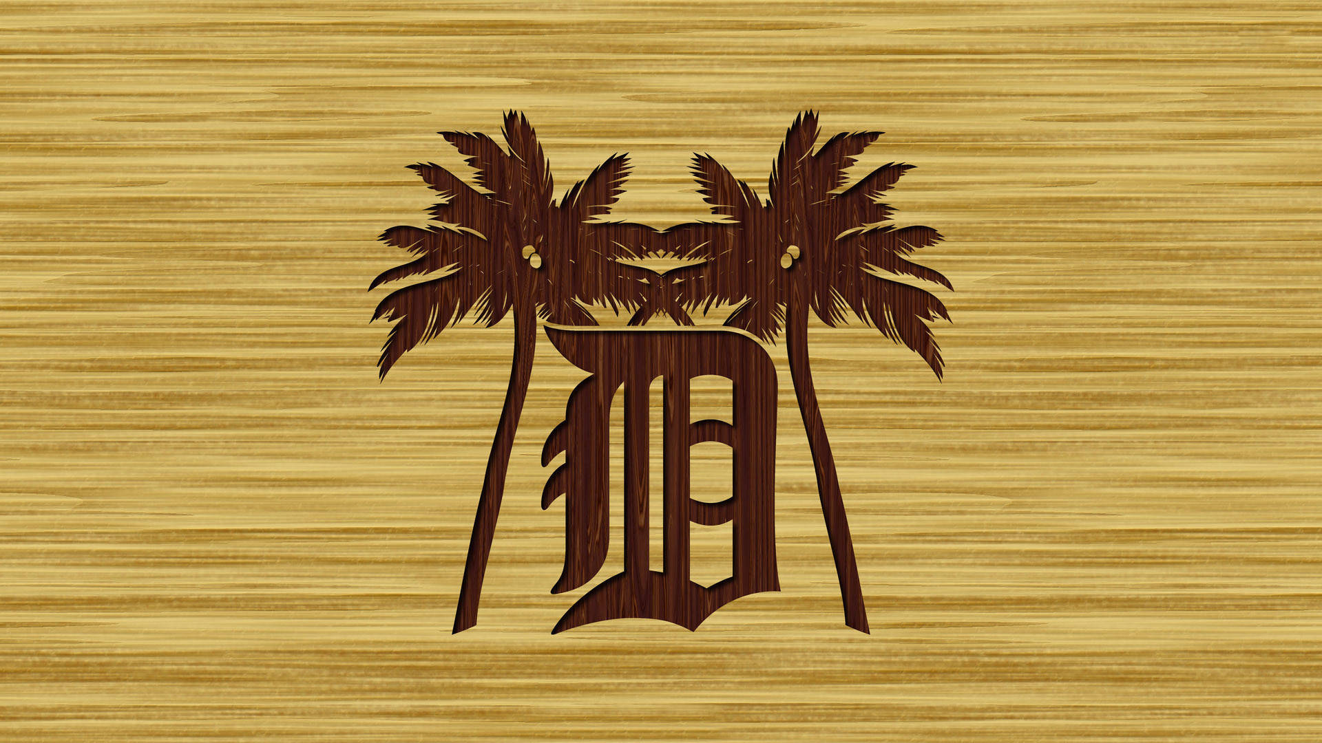 tigers 桌布 壁紙 — 一個風格化的木製字母組合，在帶有紋理的竹背景上刻有棕櫚樹。