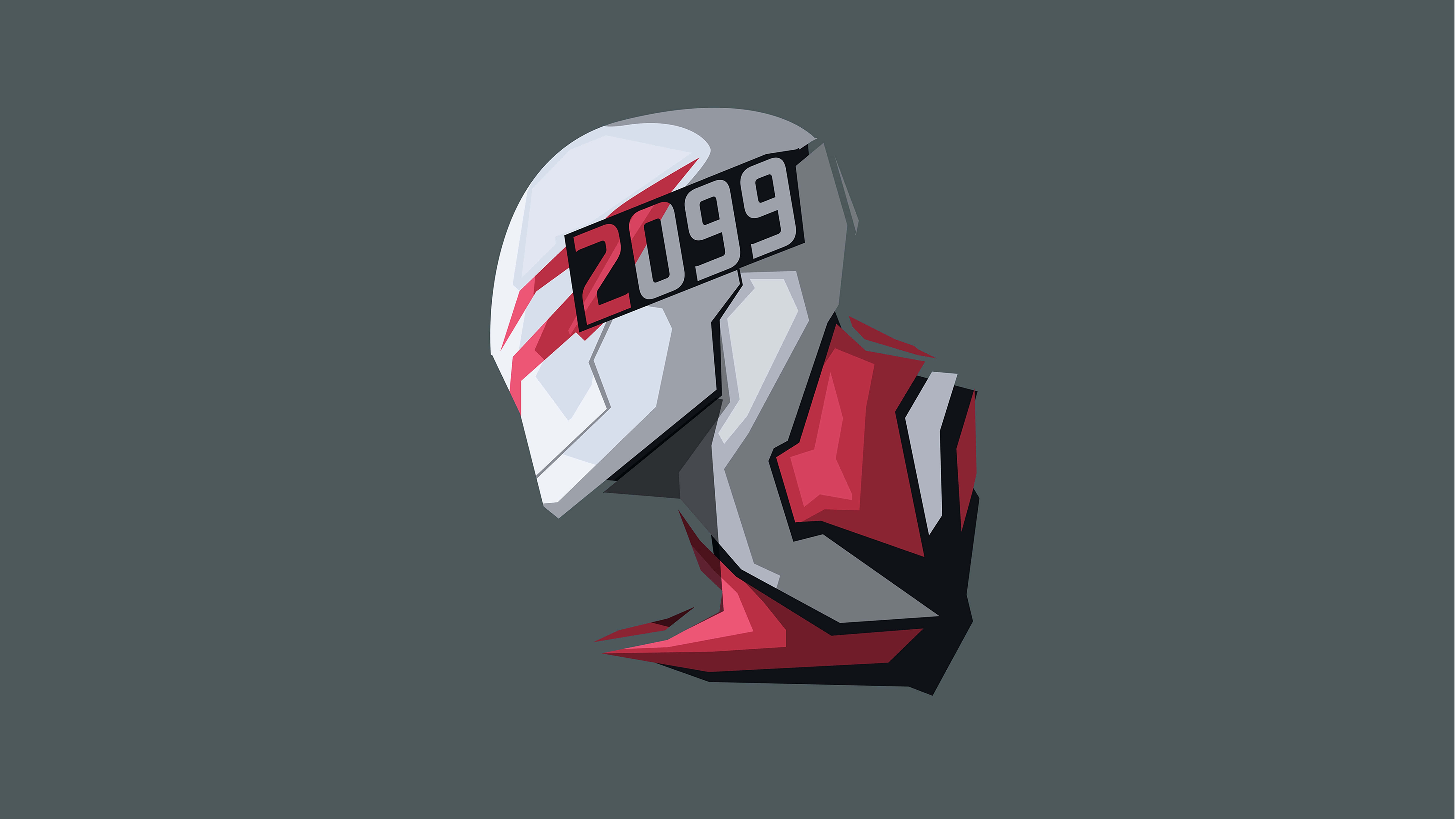 Spider Man 2099 桌布 壁紙 — 一個風格化的未來主義頭盔，帶有紅色和白色點綴，側面顯示數字2099，背景為深灰色。