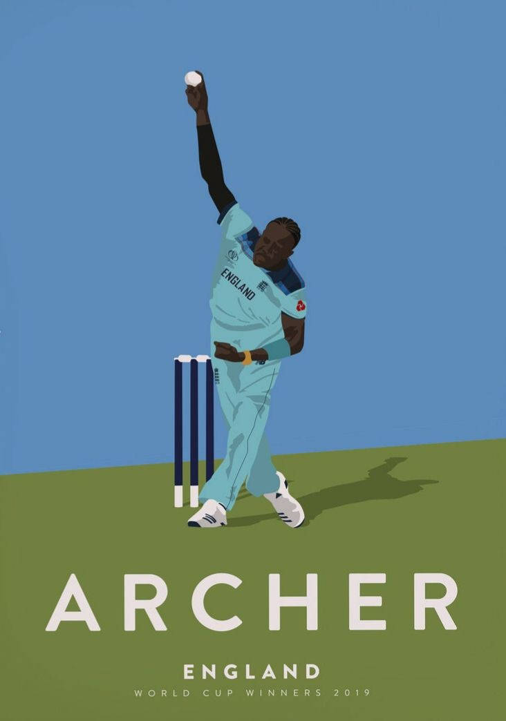 England Cricket 桌布 壁紙 — 一個風格化的板球投手穿著淺藍色制服，在藍天和綠地上投球。