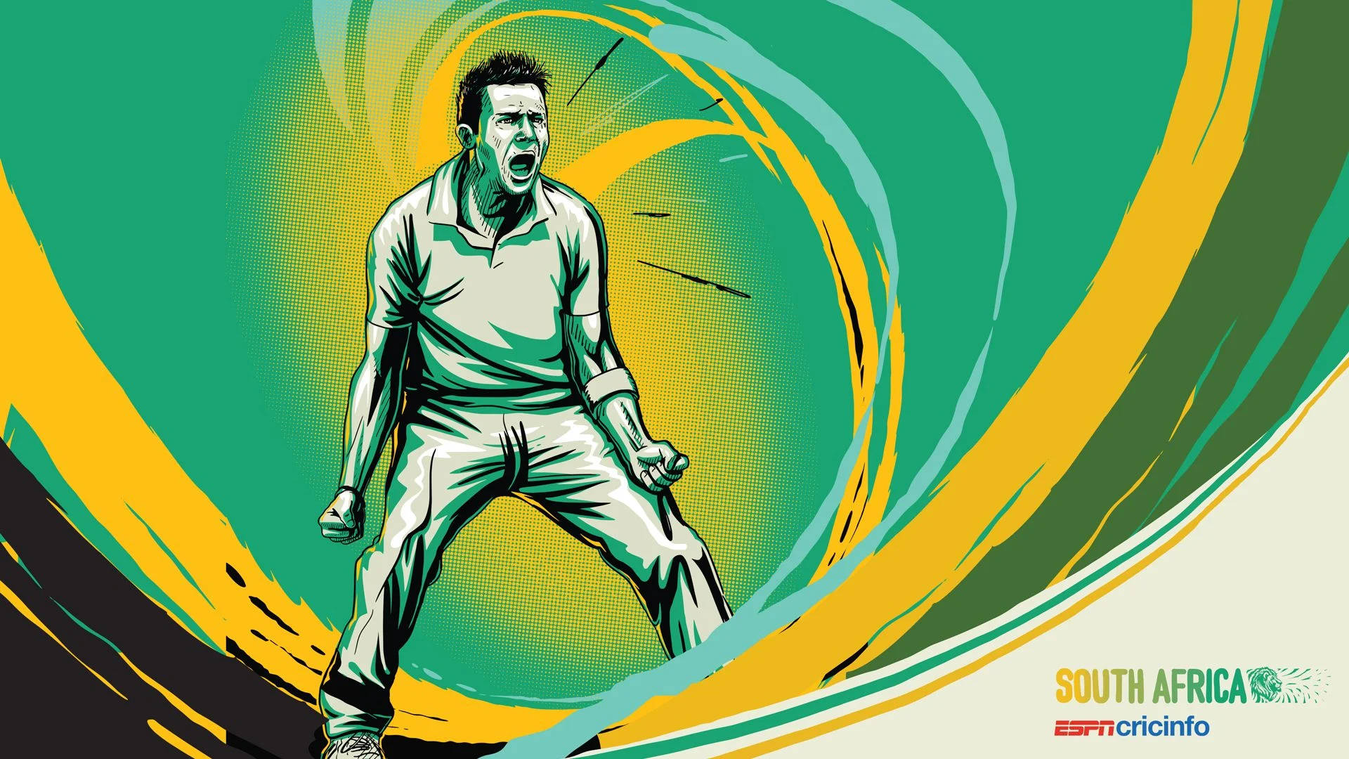 south africa cricket 桌布 壁紙 — 一個風格化的板球運動員在旋轉的綠色和黃色背景前咆哮著行動。