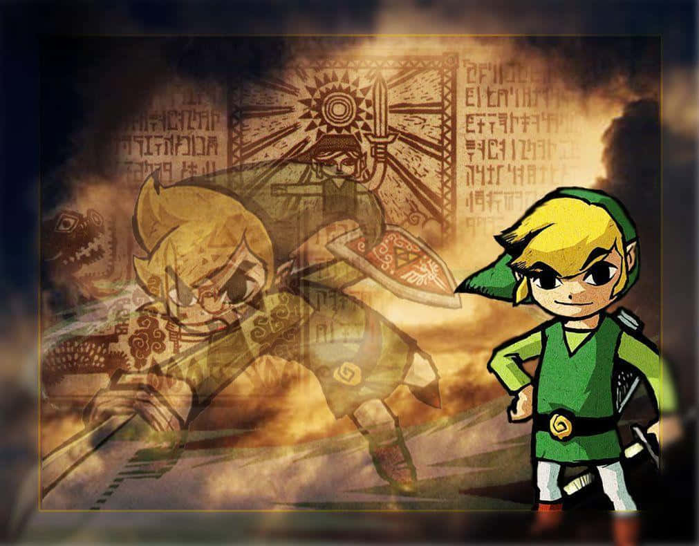 Toon Link 桌布 壁紙 — 一個風格化的林克自信地站立，身後有一個幽靈戰士在古老的符文和火雲背景下戰鬥。