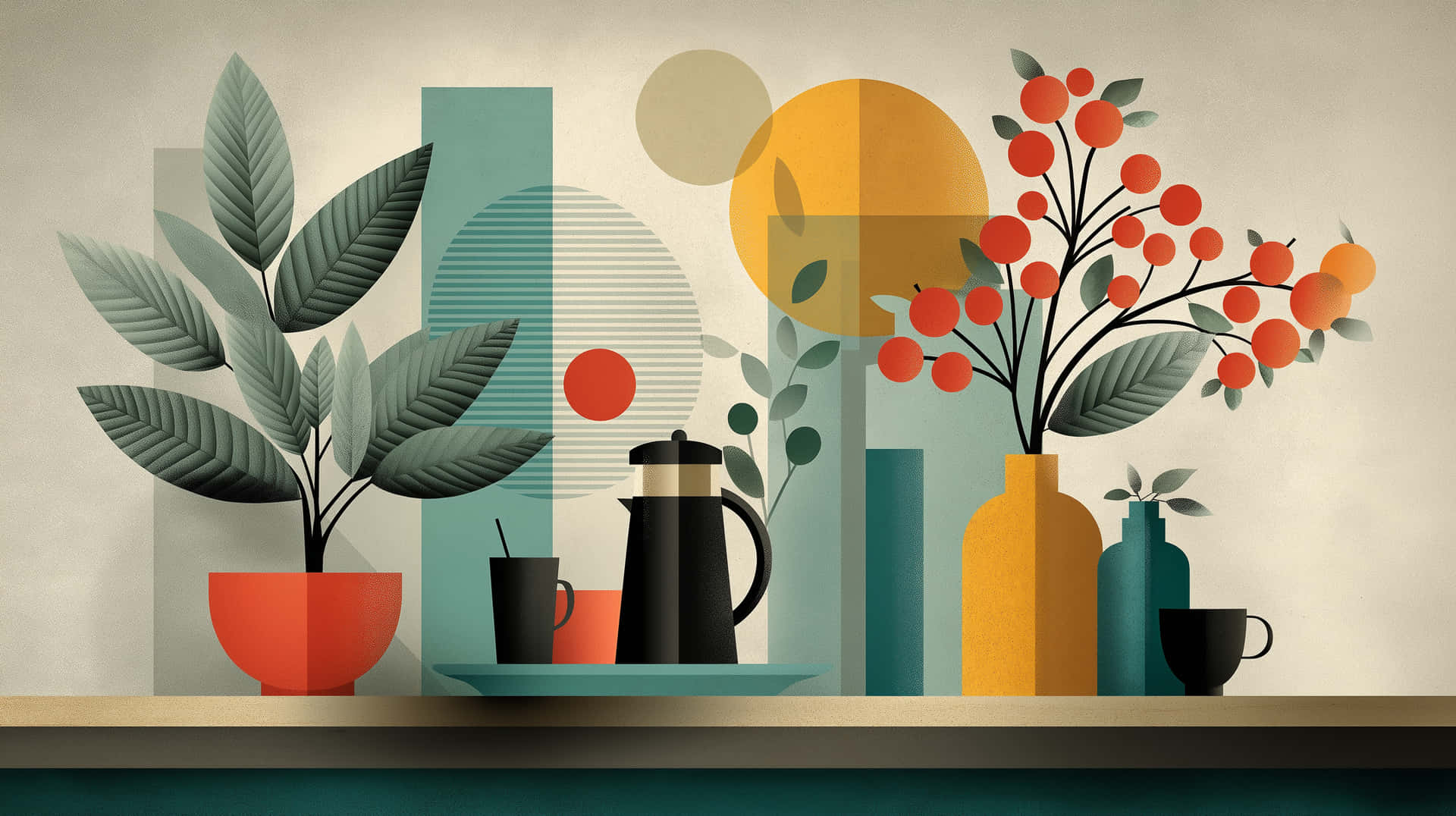 Retro Kitchen Still Life, Mid-Century Modern Style 壁紙 — 一個風格化的架子展示盆栽植物、咖啡杯和結果的樹枝，背景是溫暖柔和色調的抽象幾何形狀。