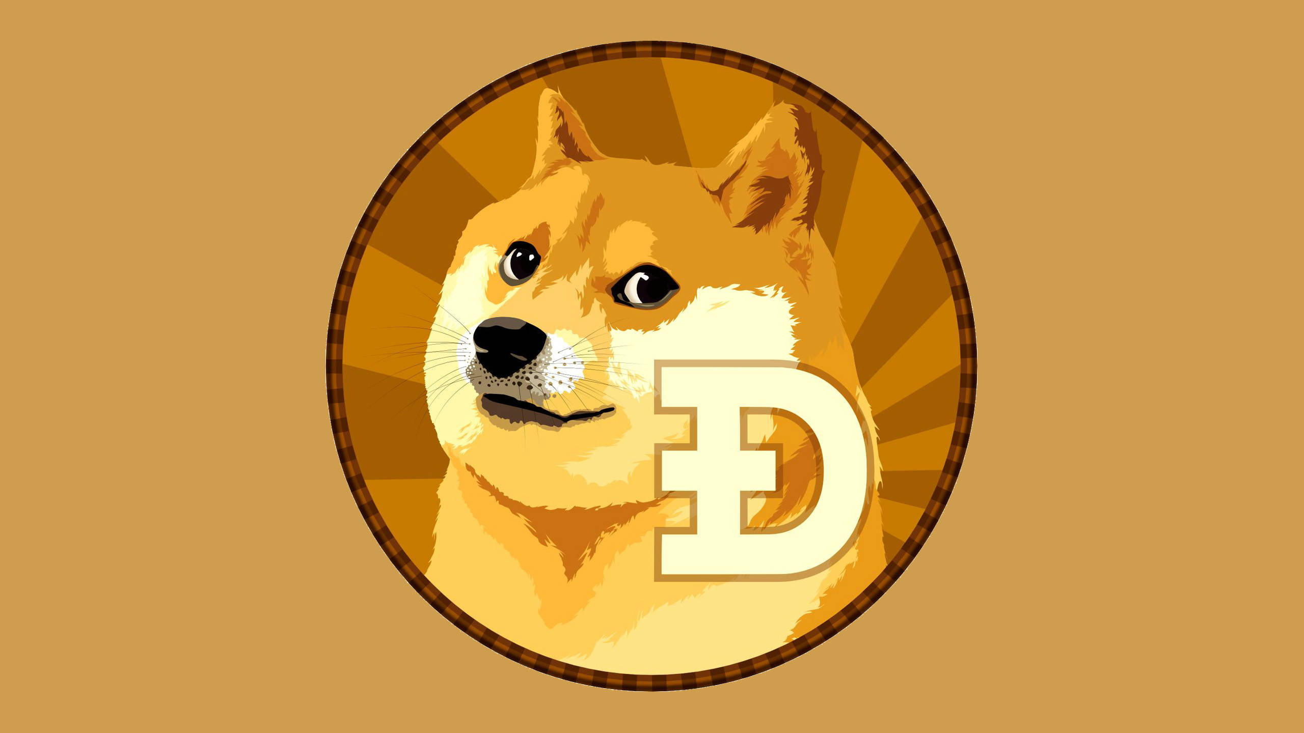 Dogecoin 桌布 壁紙 — 一個風格化的柴犬臉，在圓形硬幣設計內帶有 'D' 符號，背景為溫暖的棕色。