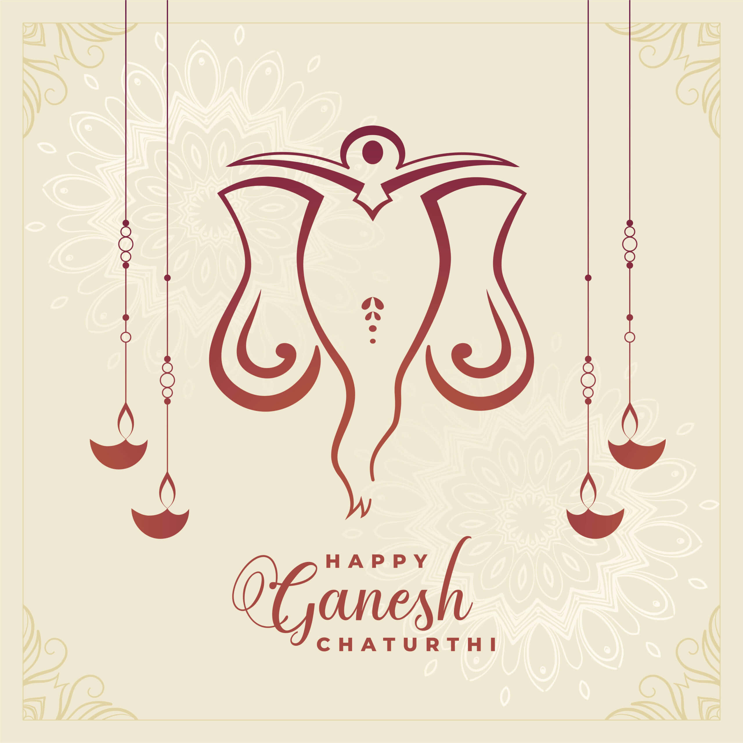 Ganesh Chaturthi 桌布 壁紙 — 一個風格化的栗色大象頭，掛著油燈，背景是帶有花卉圖案的奶油色。