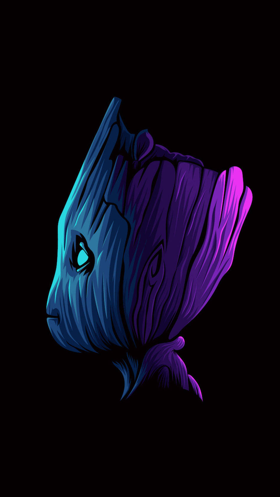 格魯特在黑色背景上發出藍色和紫色光芒。 — 格魯特 GIF 壁紙