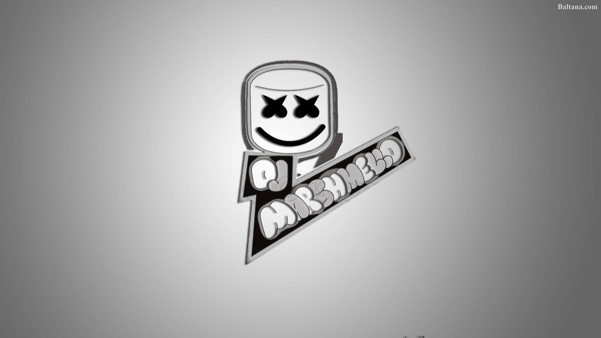 Marshmello 動態圖 桌布 壁紙 — 一個風格化的棉花糖人標誌，眼睛交叉，面帶微笑，手持傾斜的牌子，上面寫著「DJ MARSHMELLO」，背景為漸變灰色。