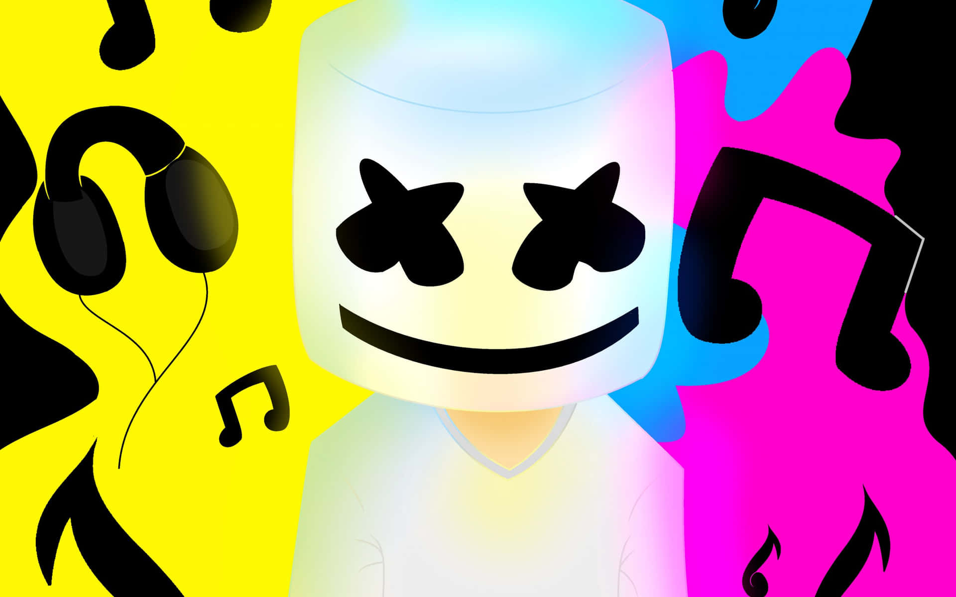Marshmello 動態圖 桌布 壁紙 — 一個風格化的棉花糖頭DJ，戴著耳機和音符，背景是充滿活力的黃色、粉紅色和藍色。