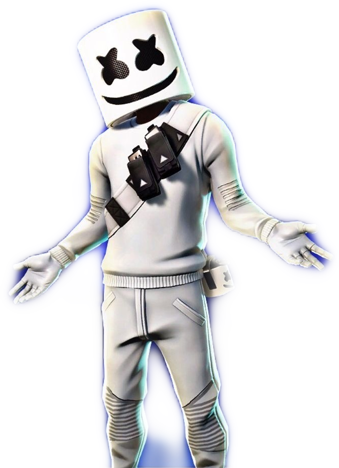 Marshmello 動態圖 桌布 壁紙 — 一個風格化的棉花糖頭人物，身穿白色服裝，在黑色背景下散發著發光的藍色光環。