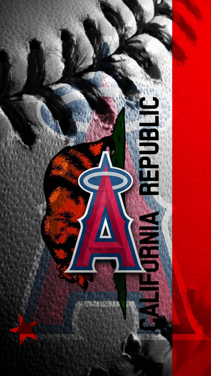 angels 桌布 壁紙 — 一個風格化的棒球，上面疊加了加利福尼亞共和國旗幟和天使隊標誌，背景帶有紋理。