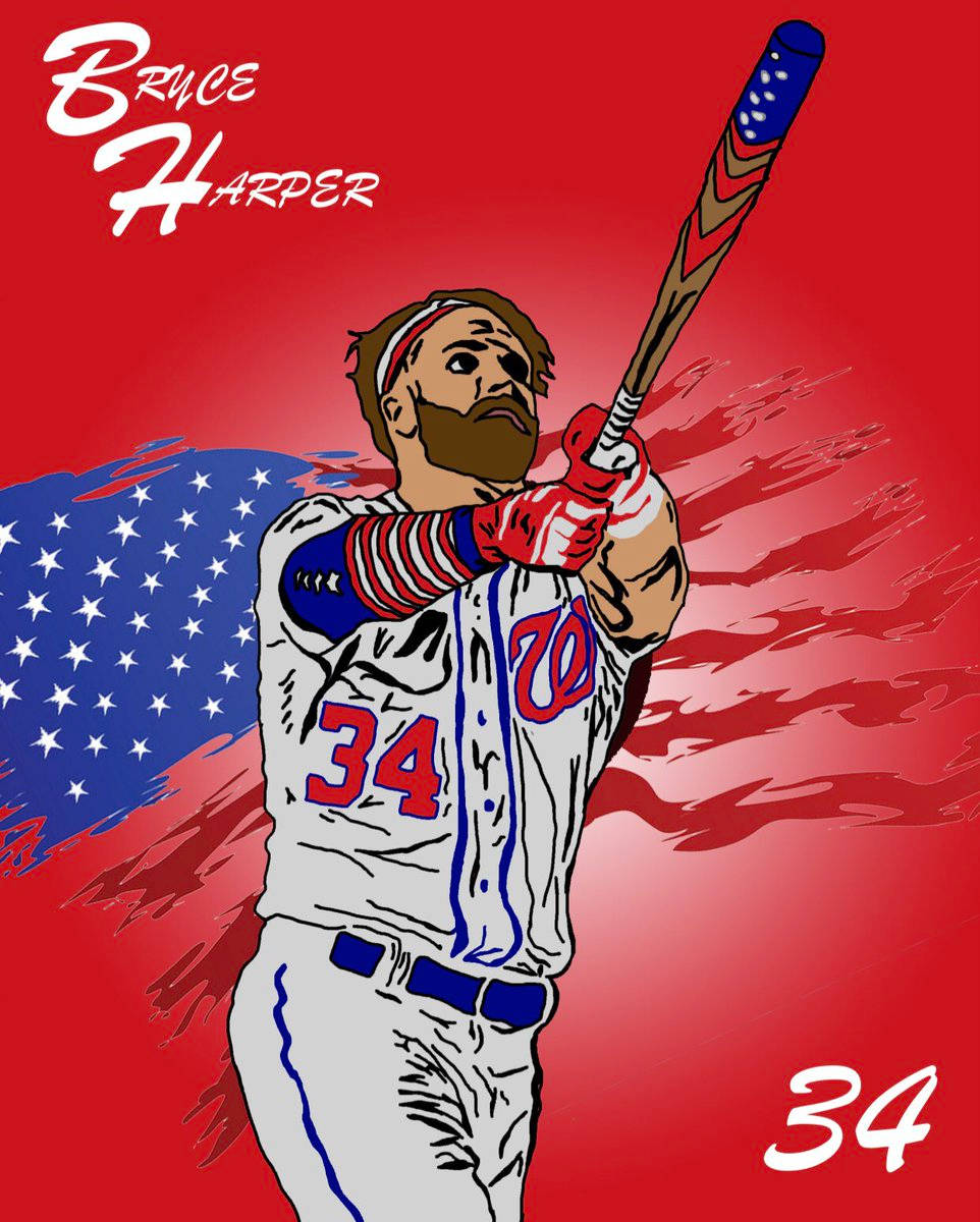 harper 桌布 壁紙 — 一個風格化的棒球運動員，身穿白色制服，帶有紅藍色點綴和34號，在帶有美國國旗圖案的紅色背景上揮棒。