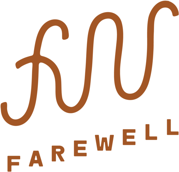 Farewell 桌布 壁紙 — 一個風格化的棕色標誌，帶有流暢的手寫體和方塊字母，在黑色背景上拼寫告別。