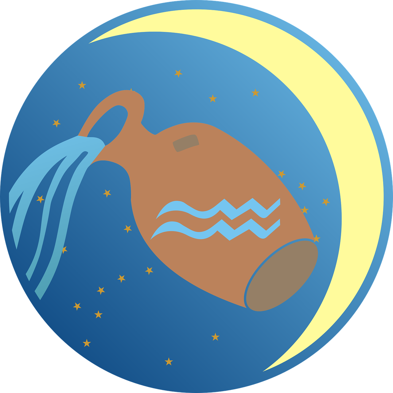 aquarius 桌布 壁紙 — 一個風格化的棕色水壺在星空的藍色夜空下，於新月下倒出藍色波浪。