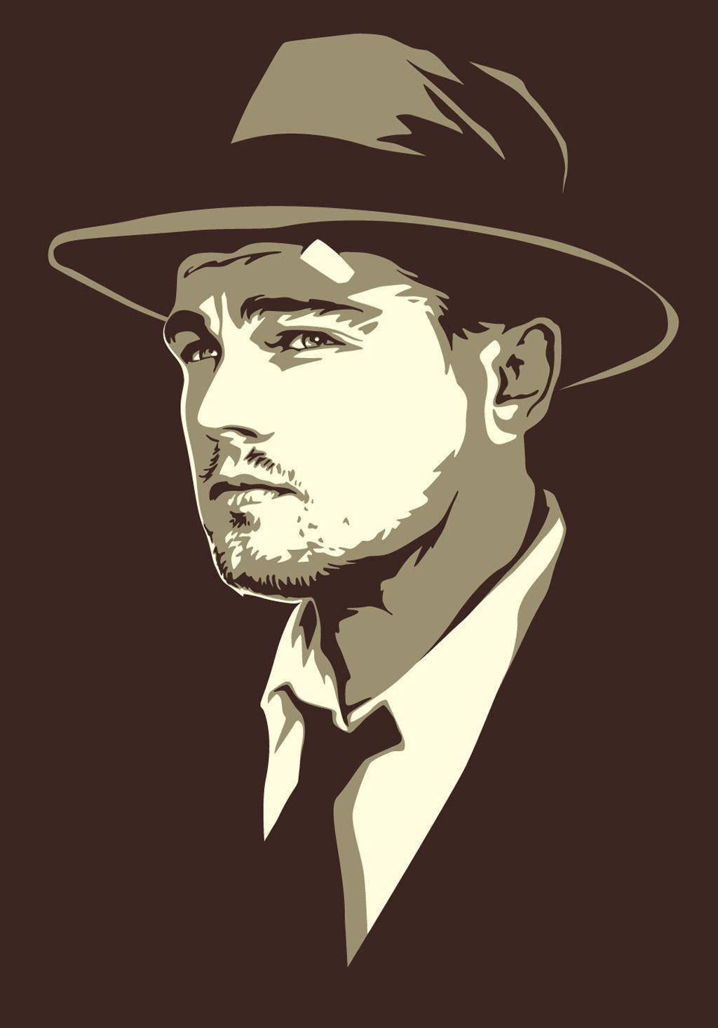 actor 桌布 壁紙 — 一個風格化的棕褐色調肖像，描繪一名戴著軟呢帽、身穿西裝的男子，表情嚴肅地望向一旁。