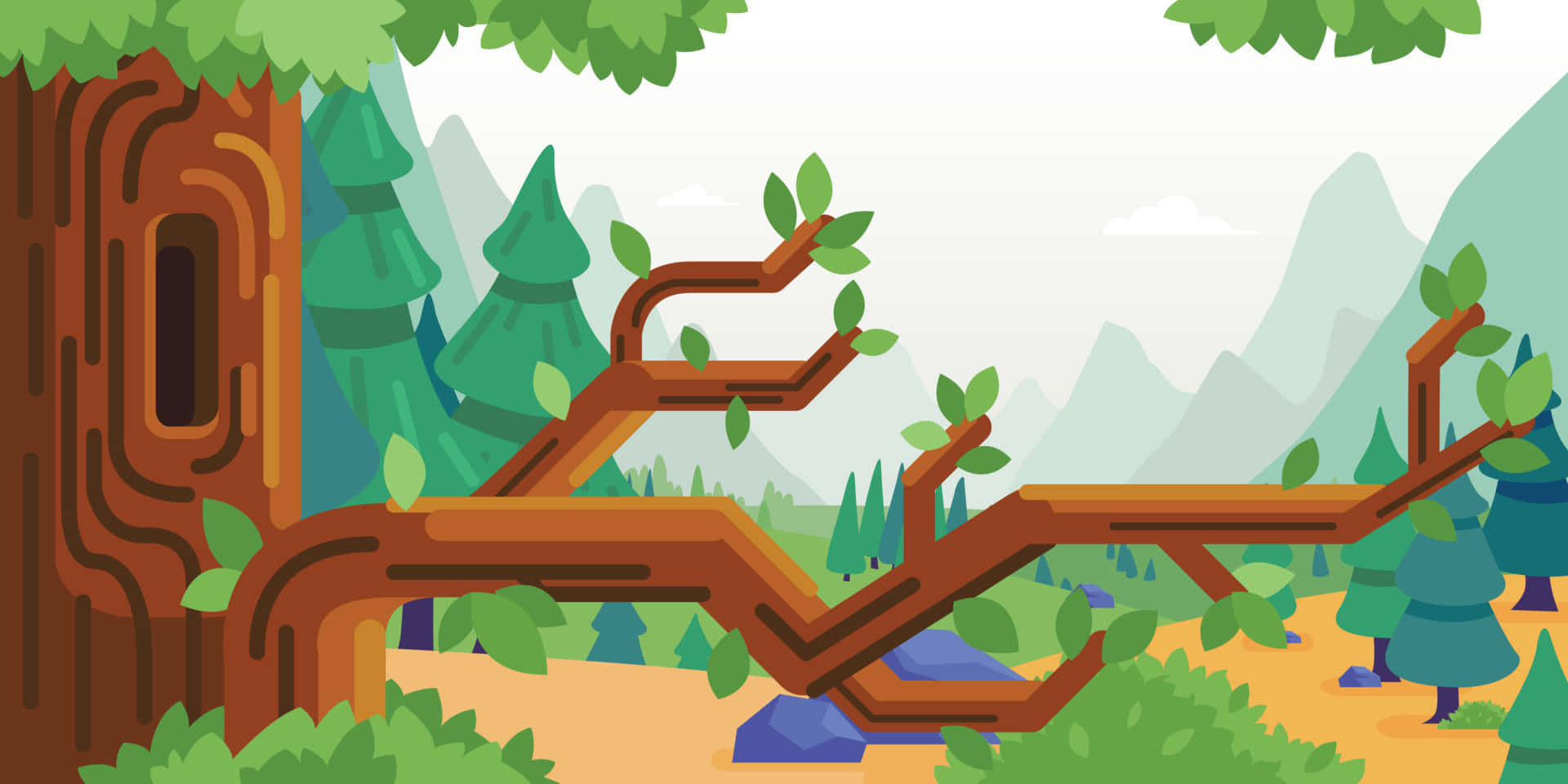 Cartoon Forest 桌布 壁紙 — 一個風格化的森林場景，有一根裝飾著綠葉的大樹枝倒在地上，背景是松樹和遠山。