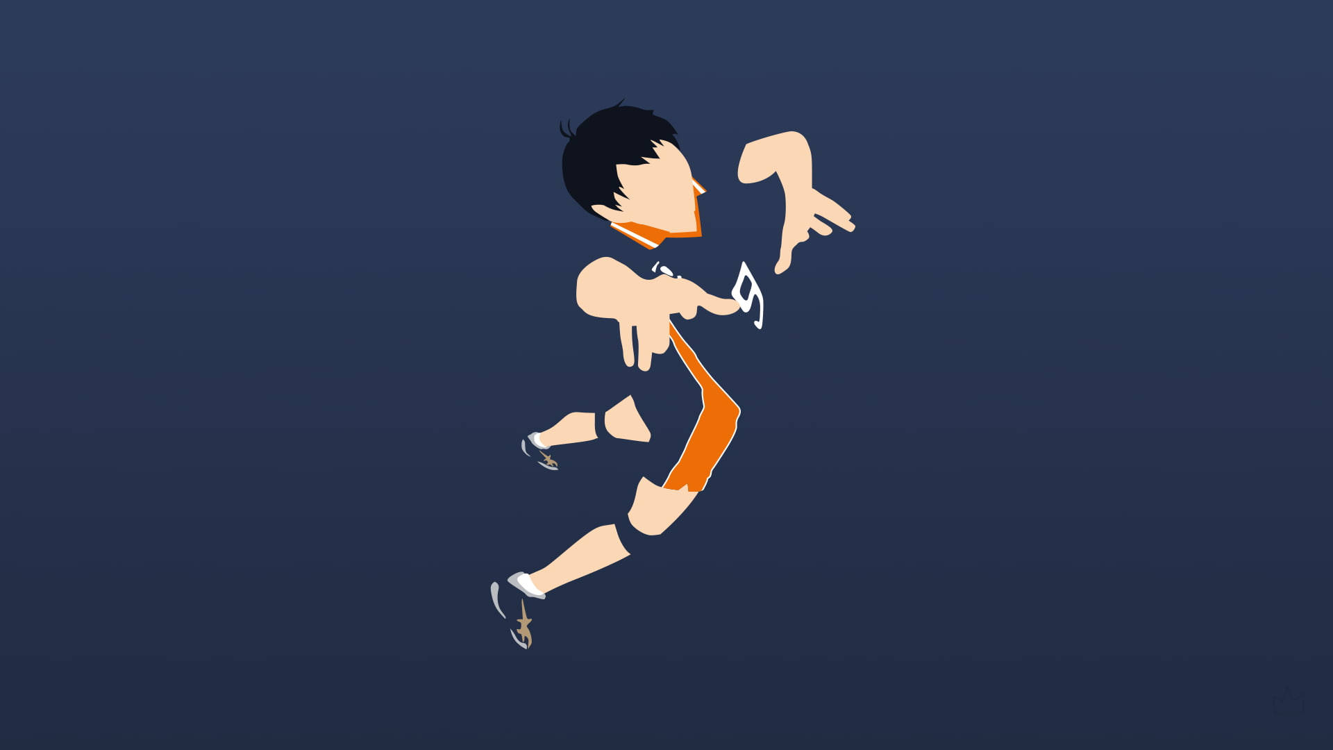 Kageyama 桌布 壁紙 — 一個風格化的極簡人物穿著橙色短褲，在深藍色漸變背景上動態跳躍。