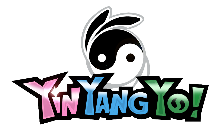 標誌 桌布 壁紙 — 一個風格化的標誌，在彩色漸變文字 Yin Yang Yo! 上方有一個陰陽兔頭