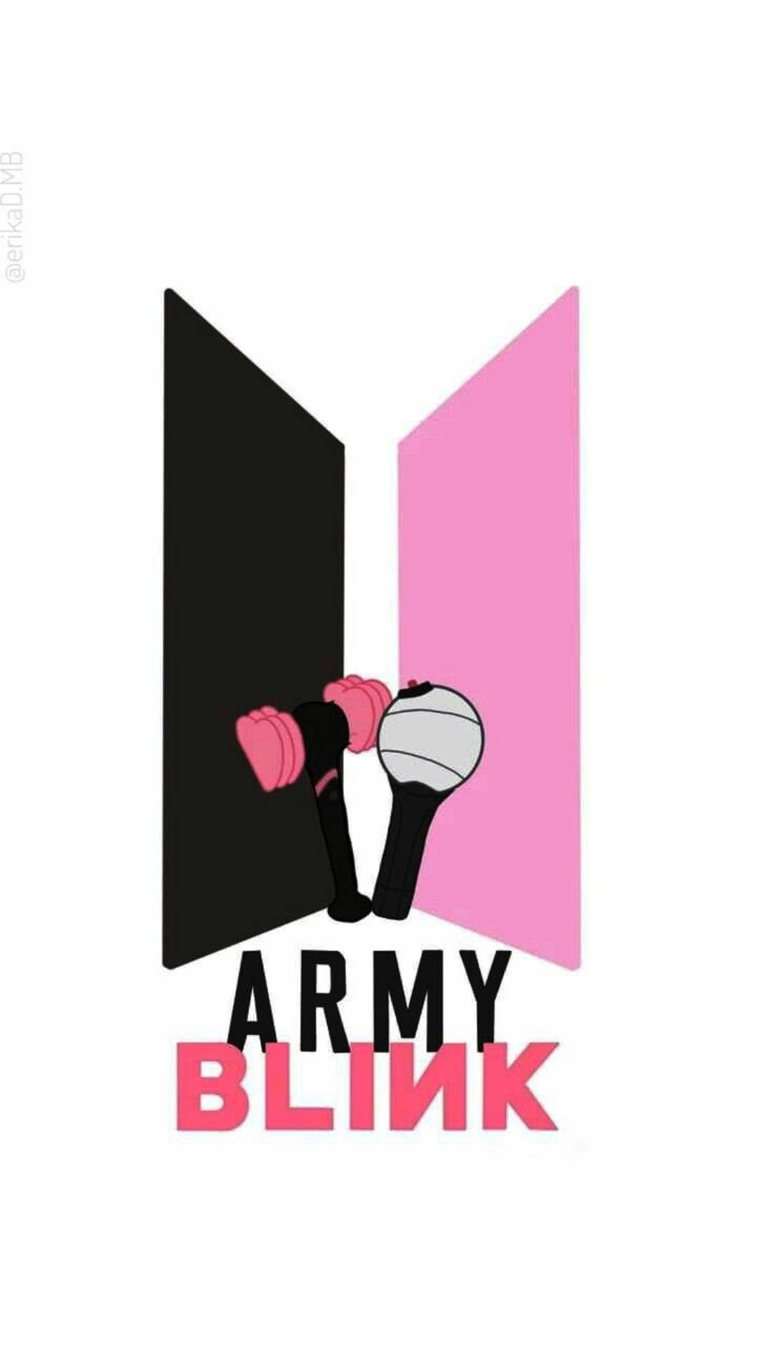BTS 和 BLACKPINK 桌布 壁紙 — 一個風格化的標誌，帶有黑色和粉紅色的面板，兩個粉紅色的燈棒和一個白色的燈棒形成一個心形，下方有文字 ARMY BLINK。