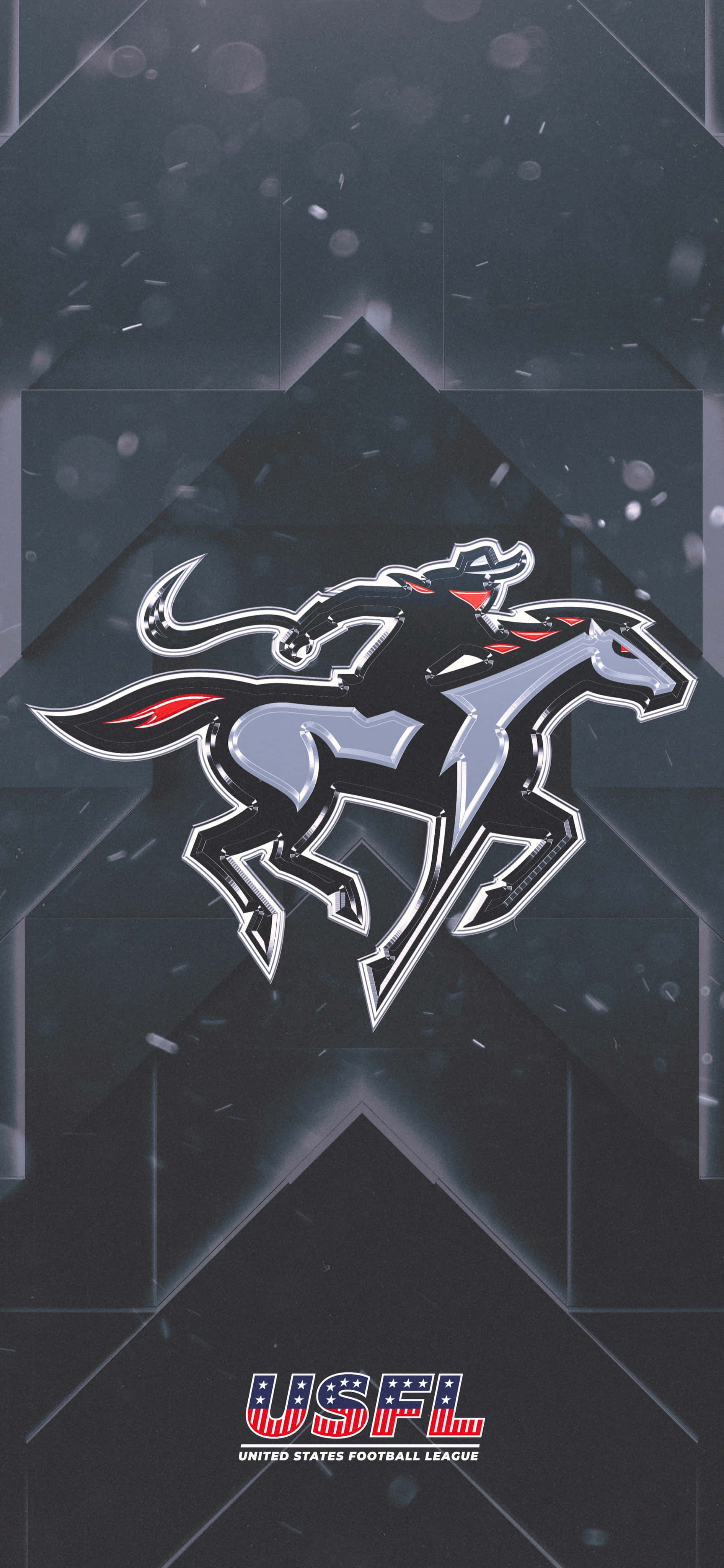 Usfl 桌布 壁紙 — 一個風格化的標誌，描繪一位牛仔騎著一匹弓背跳躍的馬，帶有紅色點綴，背景為深色幾何圖案並有浮動粒子。
