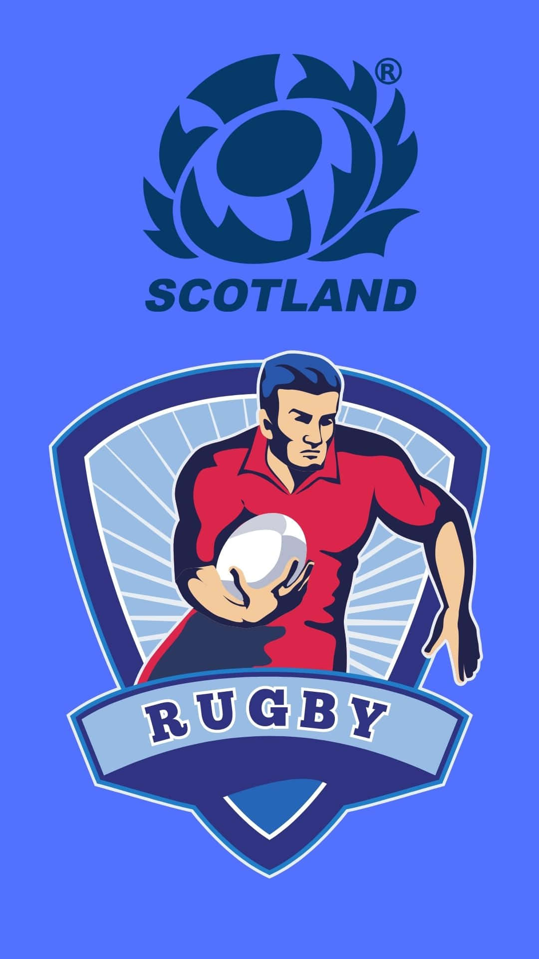 Scotland Rugby 桌布 壁紙 — 一個風格化的橄欖球運動員身穿紅色球衣，在蘇格蘭薊花標誌下持球，背景為純藍色。