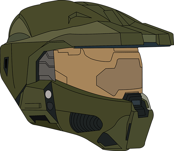 Master Chief 桌布 壁紙 — 一個風格化的橄欖綠色裝甲頭盔，帶有棕褐色面罩和黑色點綴，在純色背景上以側面展示。
