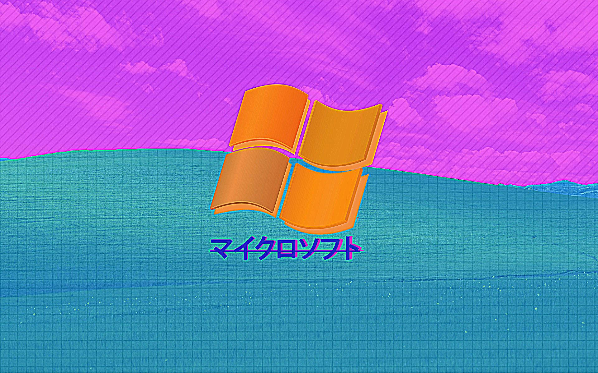 蒸氣波 桌布 壁紙 — 一個風格化的橙色Windows標誌漂浮在藍色網格海上，下方是帶有對角線的充滿活力的紫色天空。