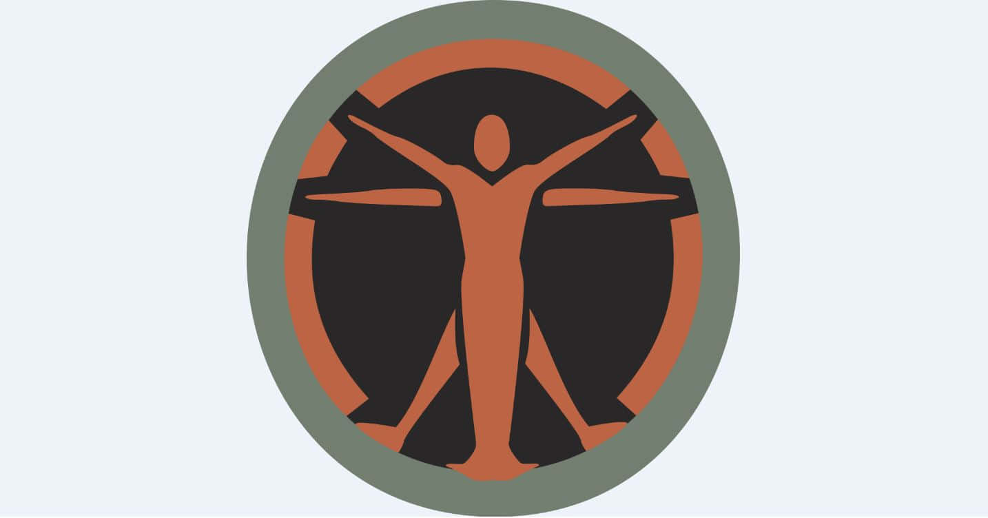 Fallout 4 Institute 桌布 壁紙 — 一個風格化的橙色人形，四肢張開，站在一個帶有層疊圓環的圓形標誌內，背景為淺灰色。