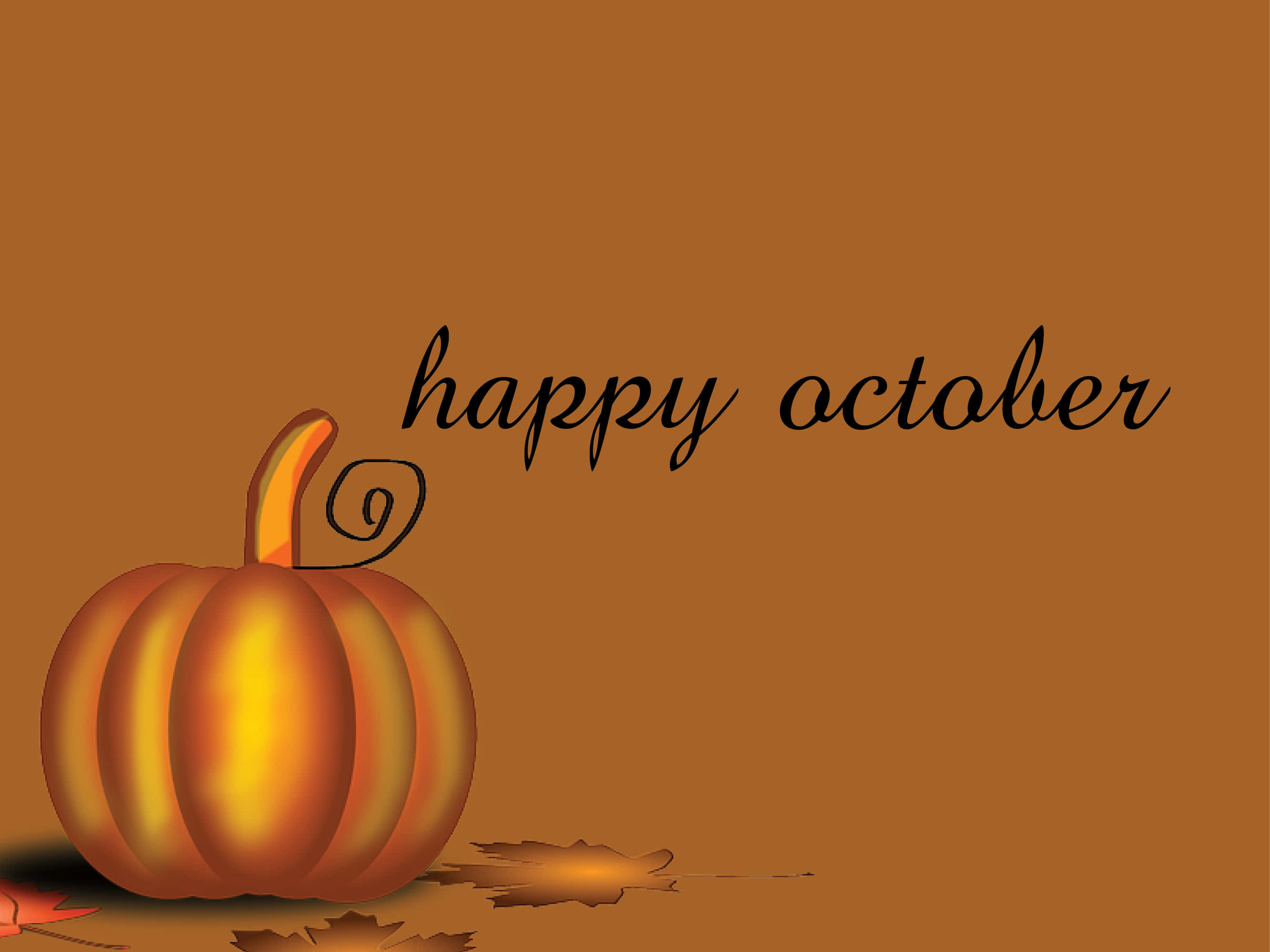 Hello October With Pumpkin 桌布 壁紙 — 一個風格化的橙色南瓜配上秋葉，放在溫暖的棕色背景上，旁邊有「happy october」文字。
