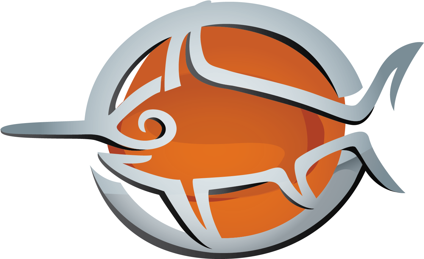Swordfish 桌布 壁紙 — 一個風格化的橙色和銀色劍魚標誌，帶有粗線條輪廓，背景為黑色。