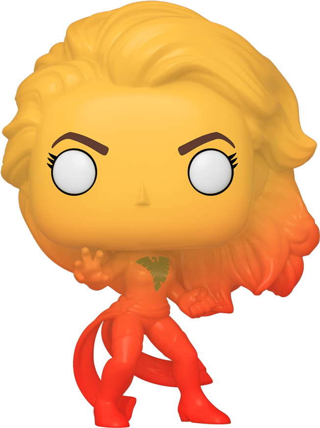 洛基 桌布 壁紙 — 一個風格化的橙色和黃色Funko Pop公仔，描繪一位擁有火焰般頭髮和胸前葉子標誌的女超級英雄。