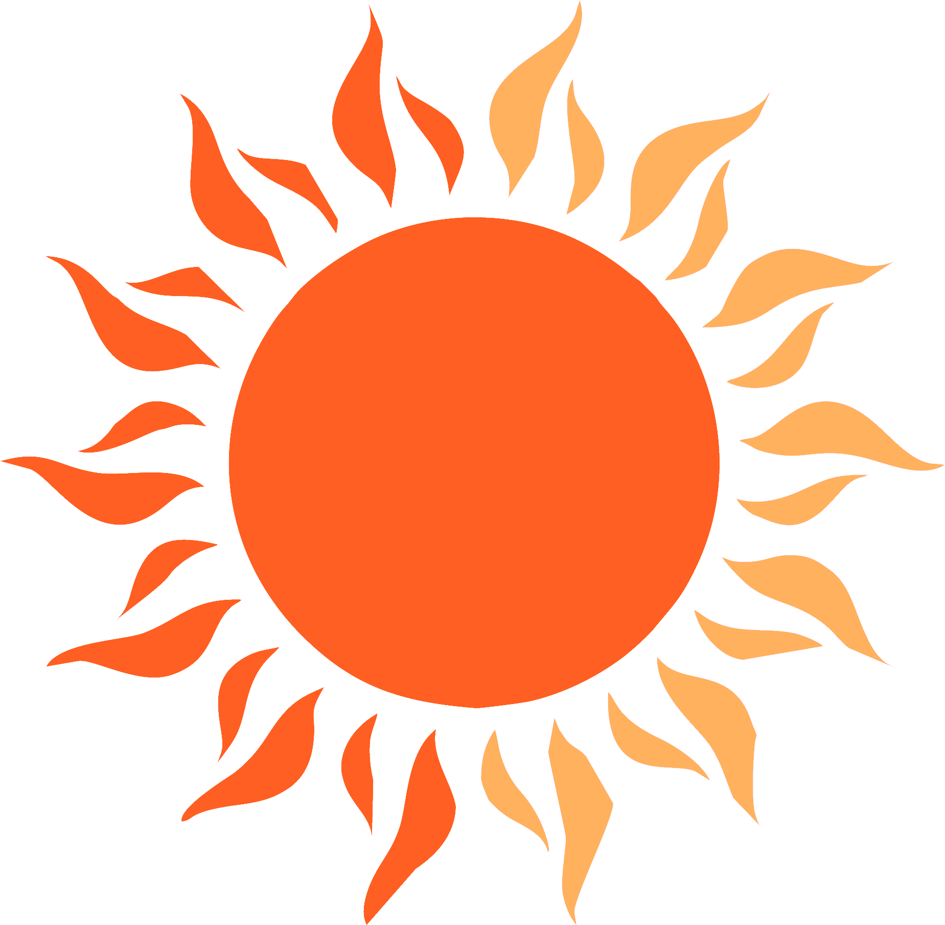 Clip Art 桌布 壁紙 — 一個風格化的橙色太陽，帶有火焰般的射線，在純黑色背景上發光。
