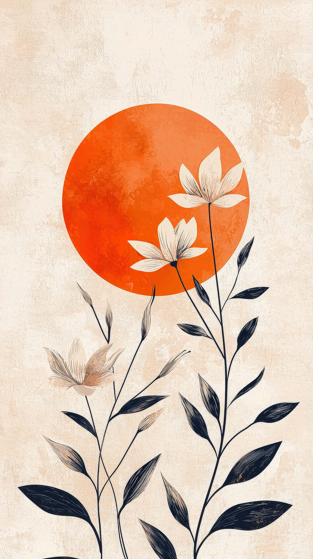 Minimalist floral illustration with sun background 壁紙 — 一個風格化的橙色太陽，帶有白色花朵和深色葉子，背景是帶紋理的米色。