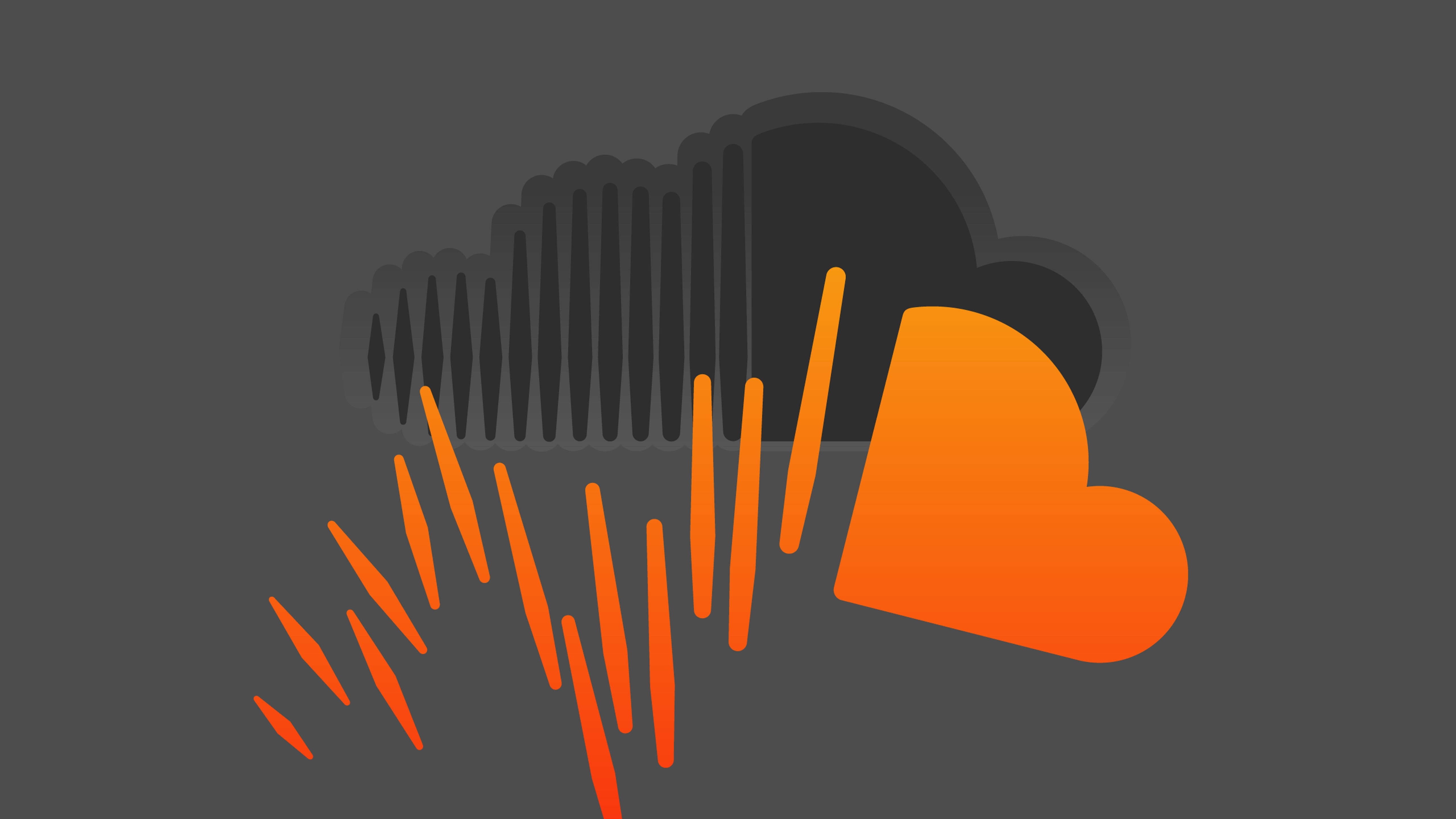 Soundcloud 桌布 壁紙 — 一個風格化的橙色心形在深灰色背景上發出充滿活力的聲波，並帶有雲朵剪影。
