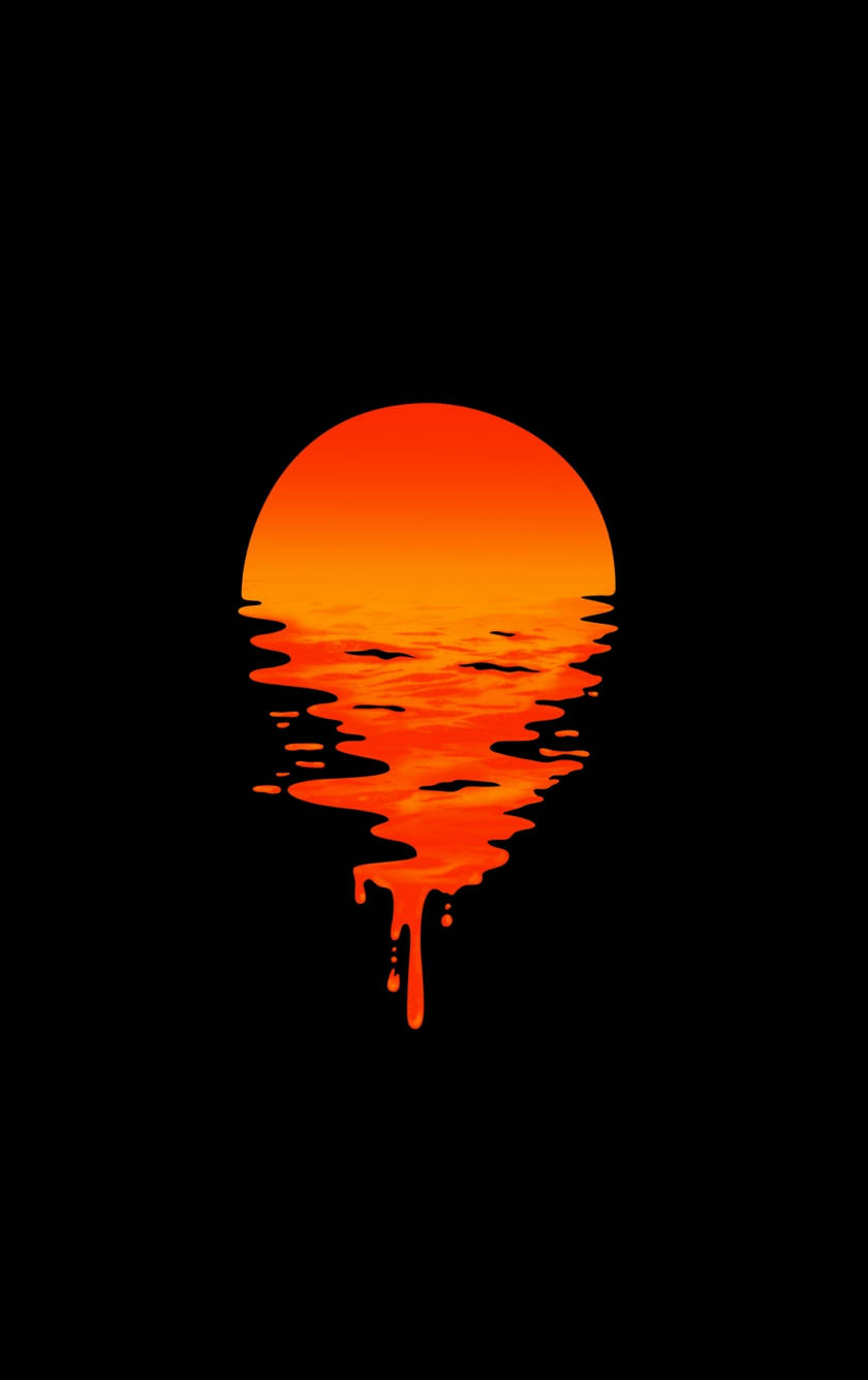 minimal dark iPhone 桌布 壁紙 — 一個風格化的橙色日落像液體顏料一樣滴落在黑色背景上，營造出超現實的抽象效果。