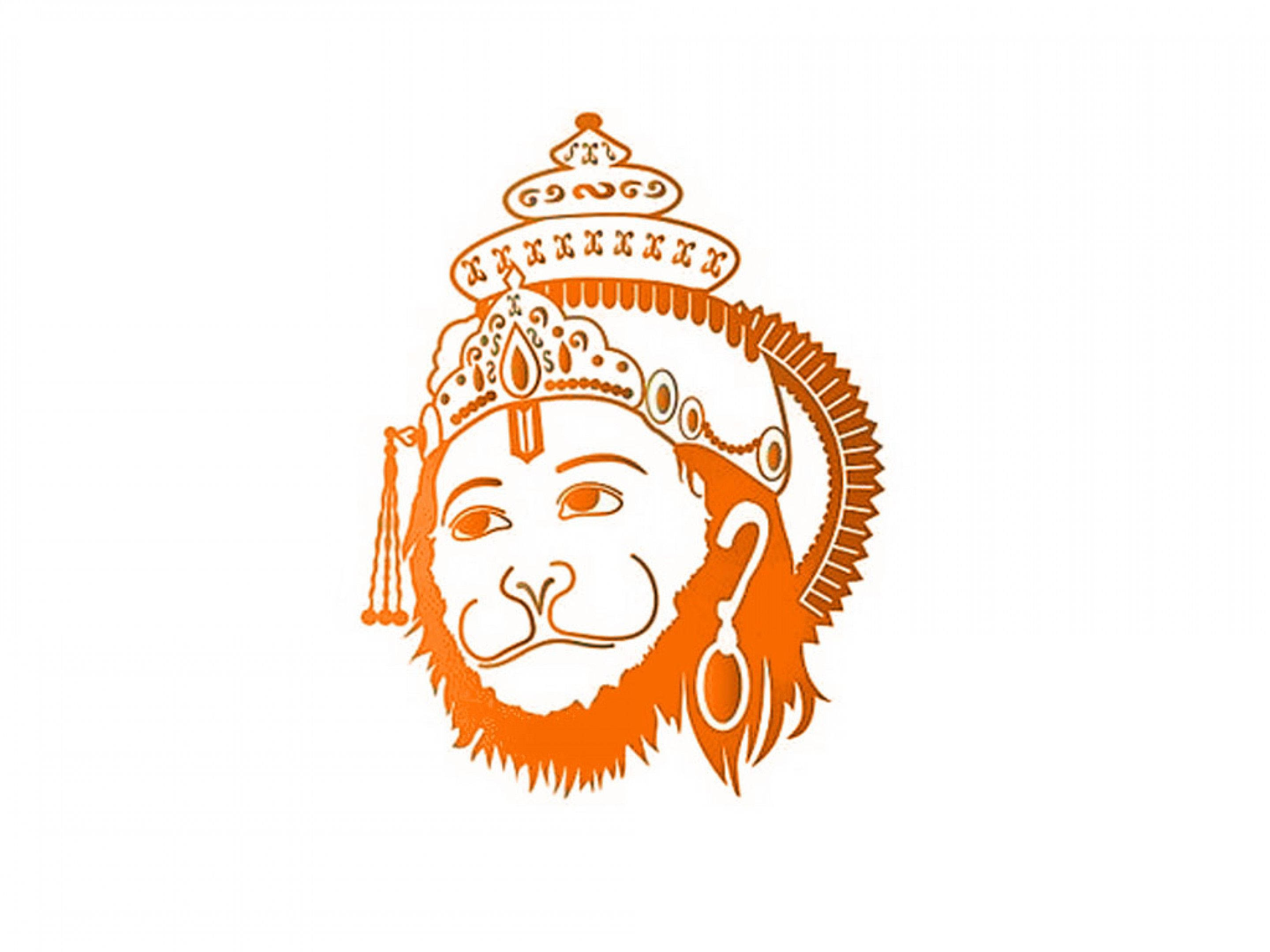 hanuman 4K HD 桌布 壁紙 — 一個風格化的橙色線條藝術肖像，描繪一位戴著王冠的猴子神祇，配有華麗的頭飾和垂墜耳環，背景為純白色。