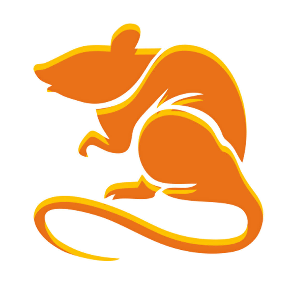 Rat 桌布 壁紙 — 一個風格化的橙色老鼠剪影，帶有黃色輪廓，立在潔淨的白色背景上。