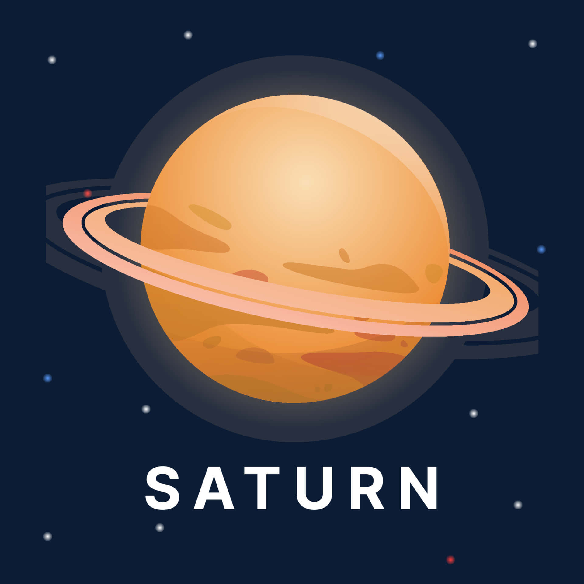 土星 桌布 壁紙 — 一個風格化的橙色行星土星，帶有突出的光環，在星光閃爍的深藍色太空背景中發光。