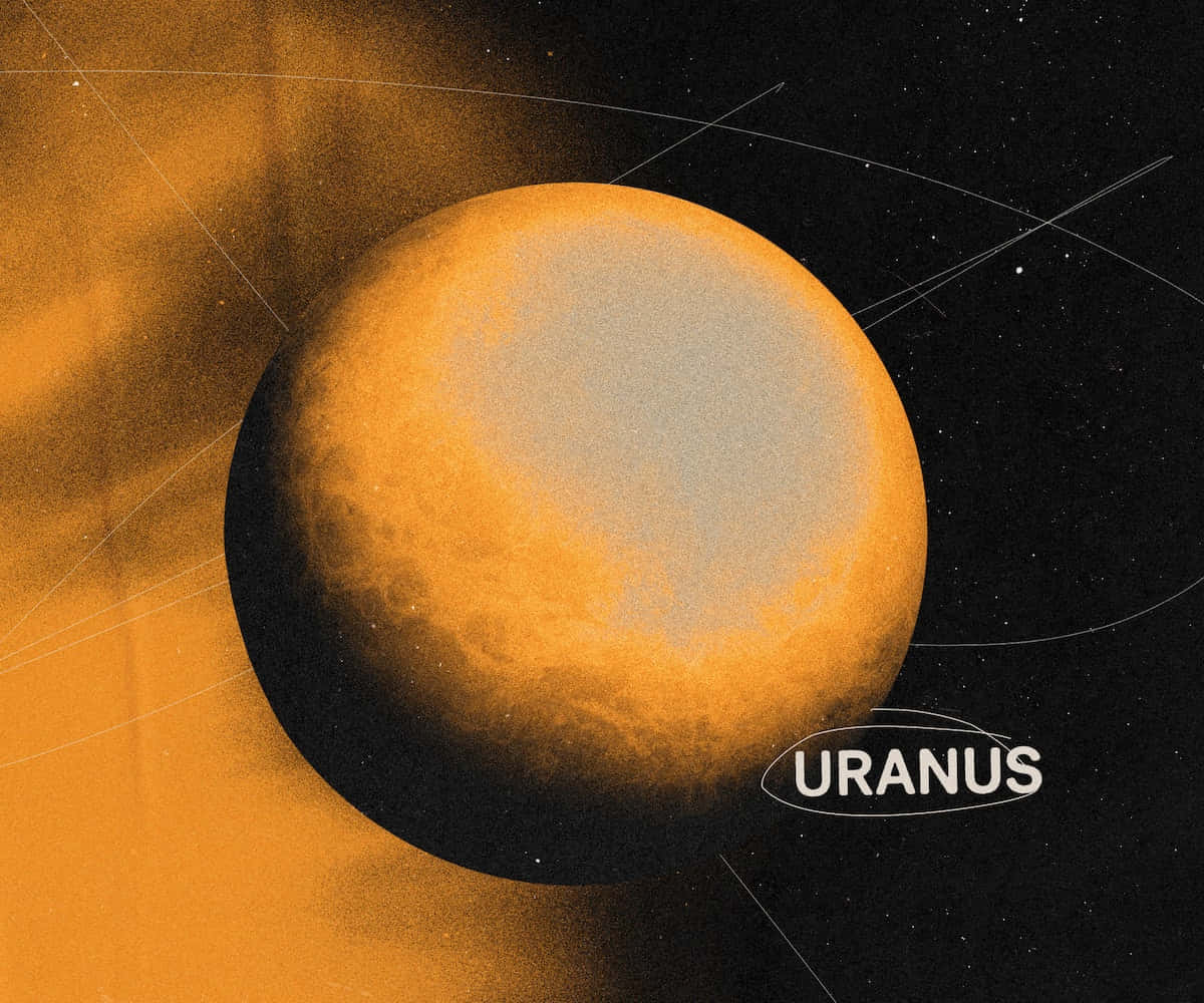 Uranus 桌布 壁紙 — 一個風格化的橙色行星天王星，在佈滿星星的黑色虛空中發光，帶有軌道線和標籤。