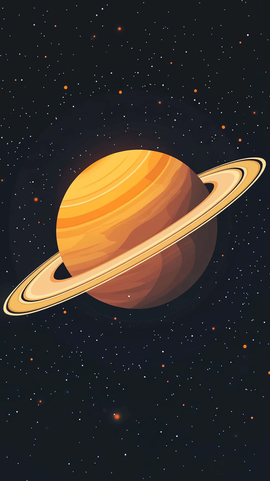 Solar galaxy with black and star background 壁紙 — 一個風格化的橙色行星帶有突出的環，漂浮在點綴著發光橙色和白色星星的星空夜空上。