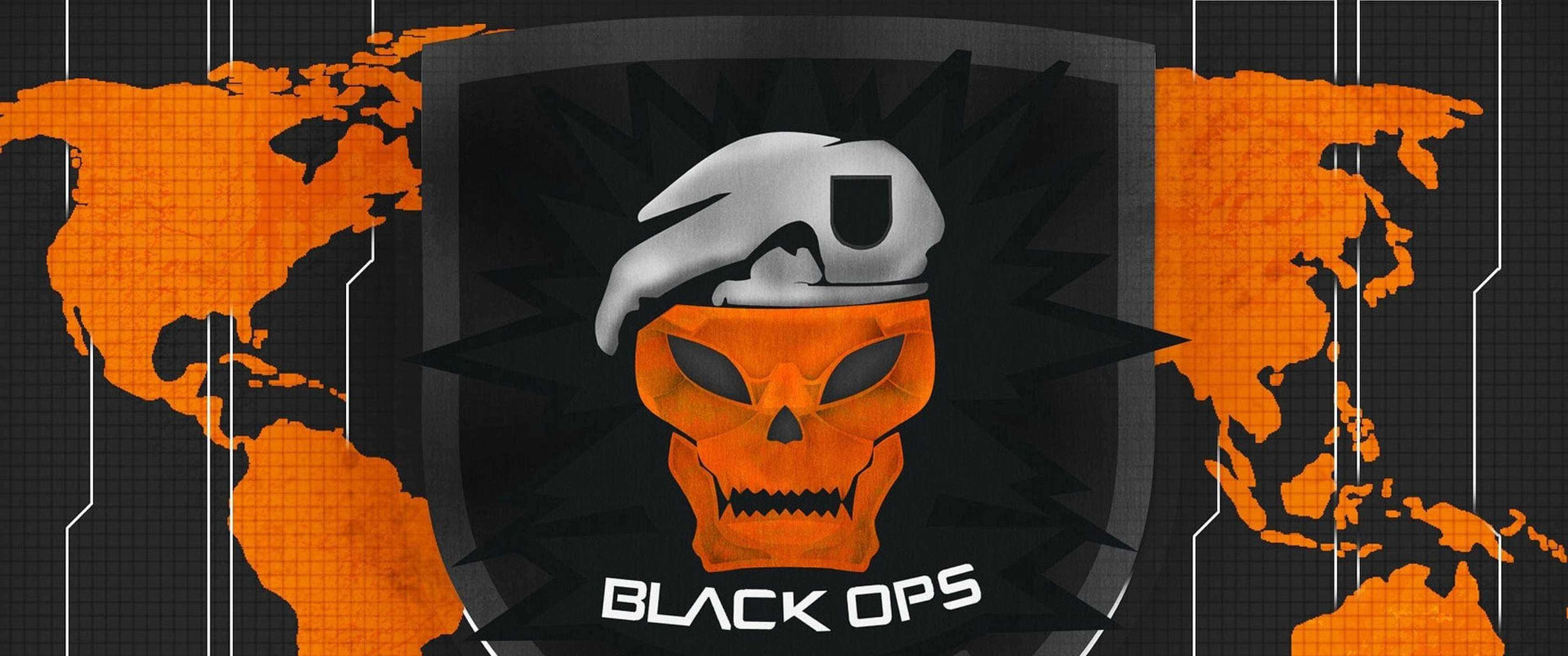 3440x1440p Call Of Duty Black Ops 4 桌布 壁紙 — 一個風格化的橙色骷髏頭戴軍用貝雷帽，位於盾牌中央，背景是深色網格地圖，帶有發光的橙色大陸。
