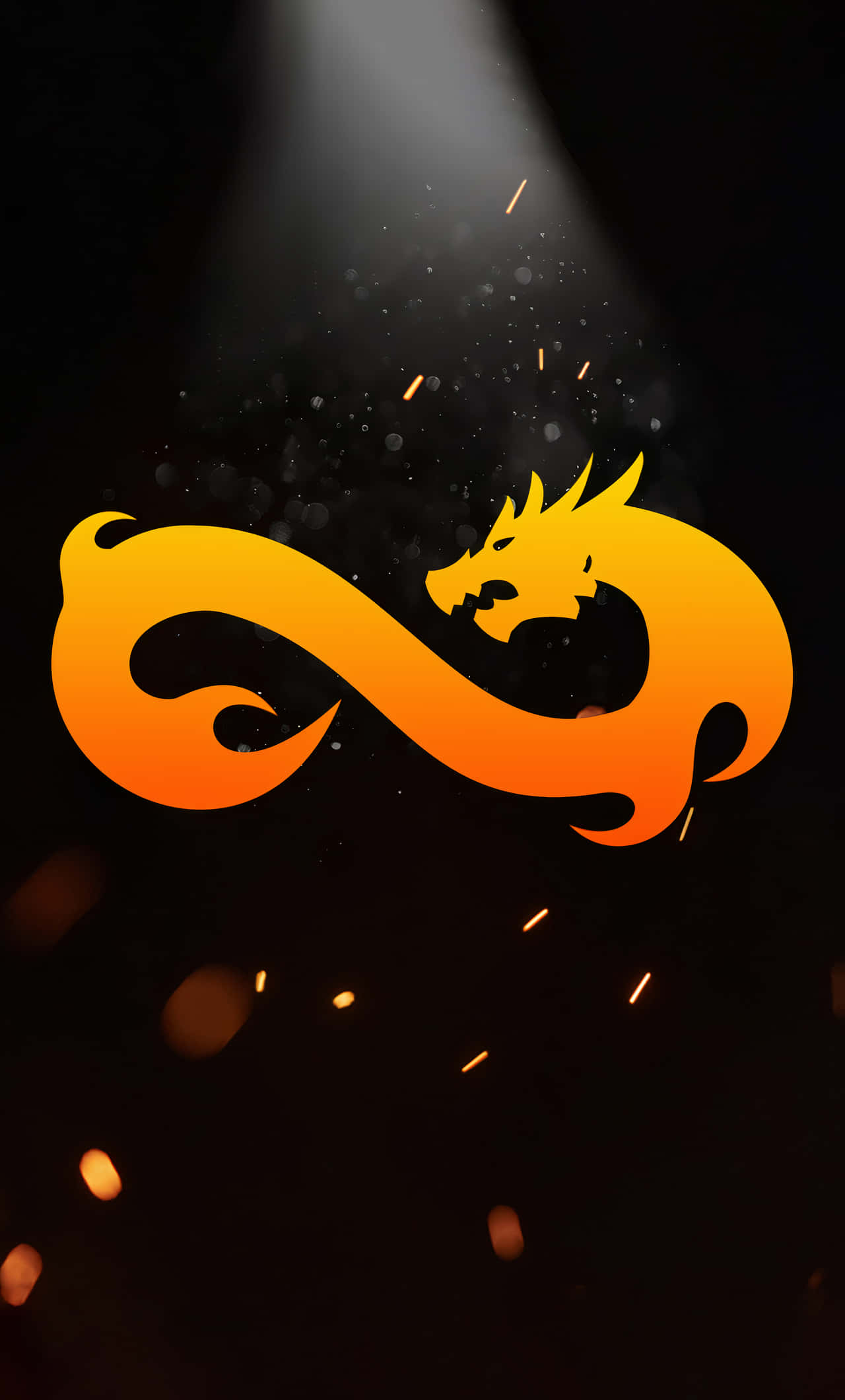 iPhone Xs Max Counter-strike Global Offensive 桌布 壁紙 — 一個風格化的橙色龍剪影在黑暗背景上形成無限符號，伴隨著發光的火花和聚光燈光束。