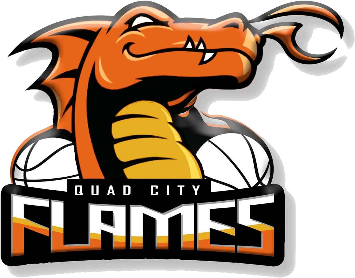 Clip Art 桌布 壁紙 — 一個風格化的橙色龍吉祥物，手持籃球，下方有「Quad City Flames」文字。