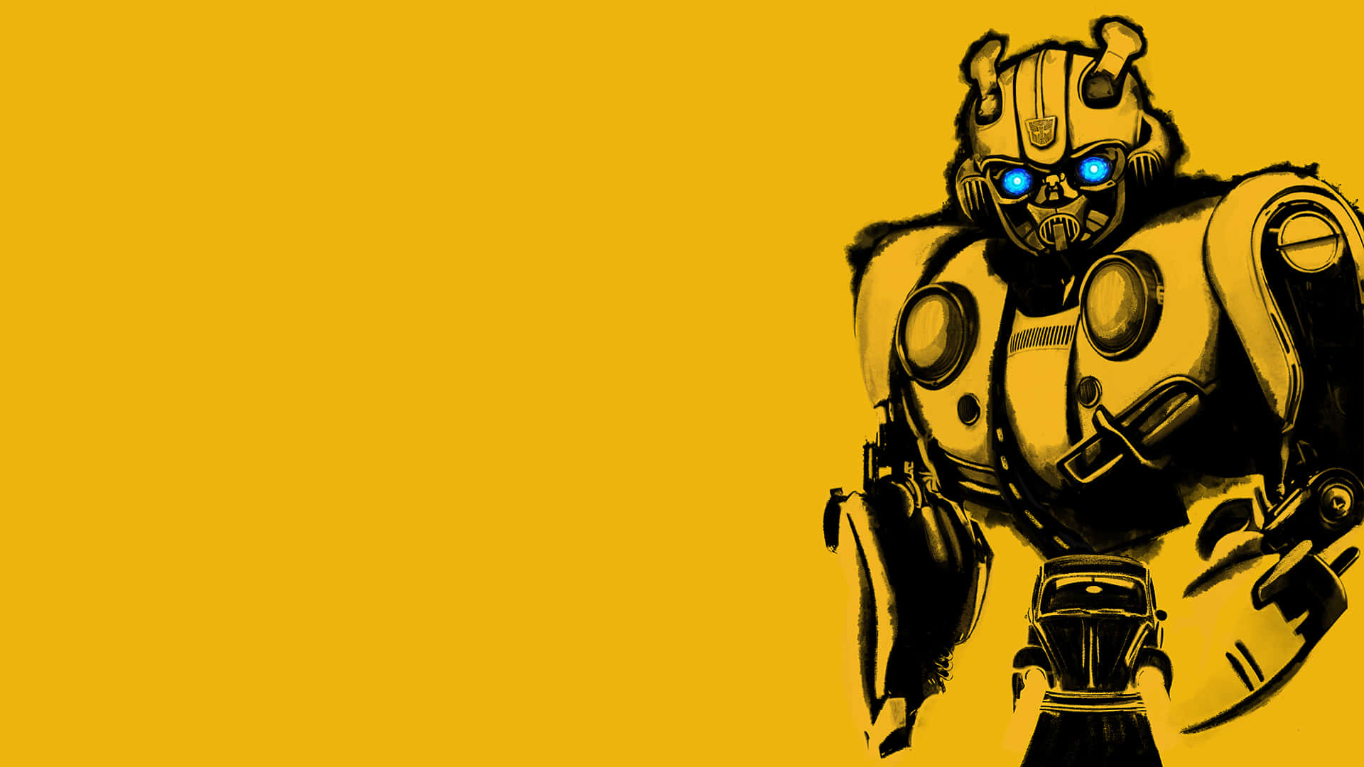 Bumblebee 桌布 壁紙 — 一個風格化的機器人，擁有發光的藍色眼睛，在鮮明的圖形插圖中站在純黃色背景前。