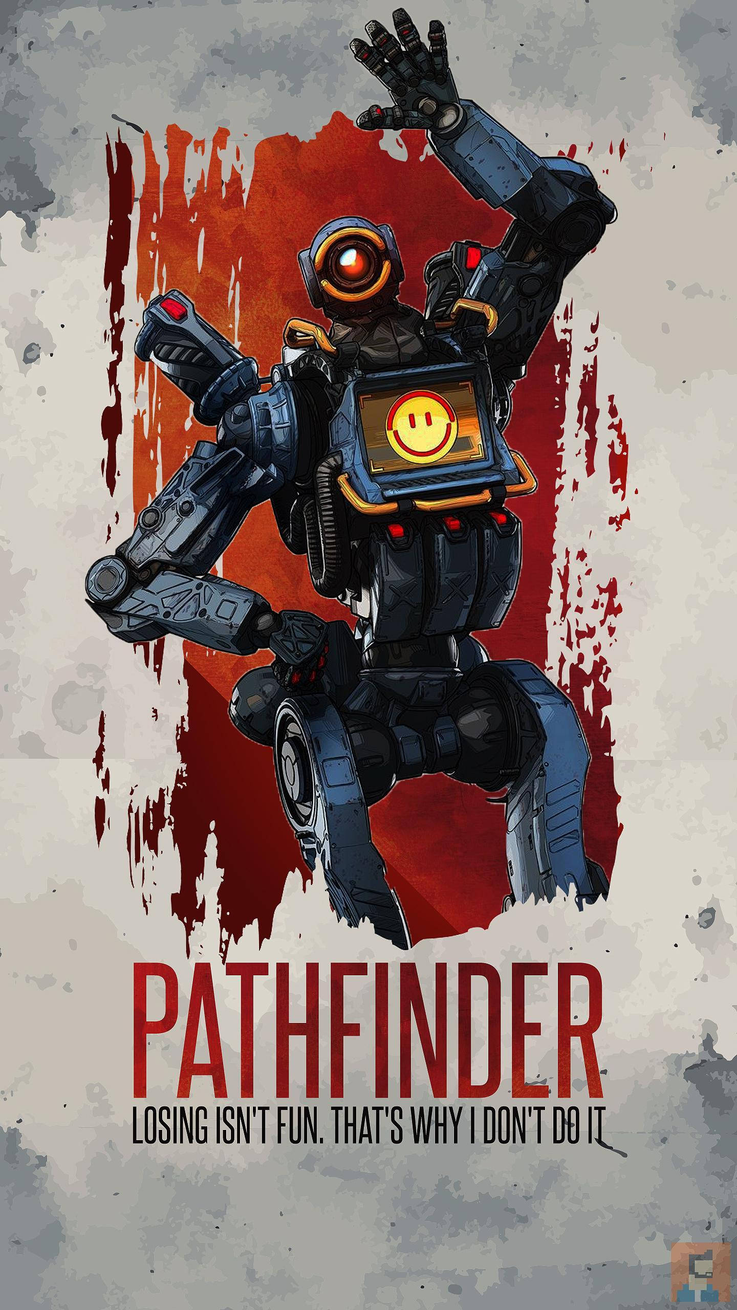 Apex Legends Mobile 桌布 壁紙 — 一個風格化的機器人，胸前有發光的笑臉，舉起手，站在紅色潑濺背景上，帶有粗體文字。