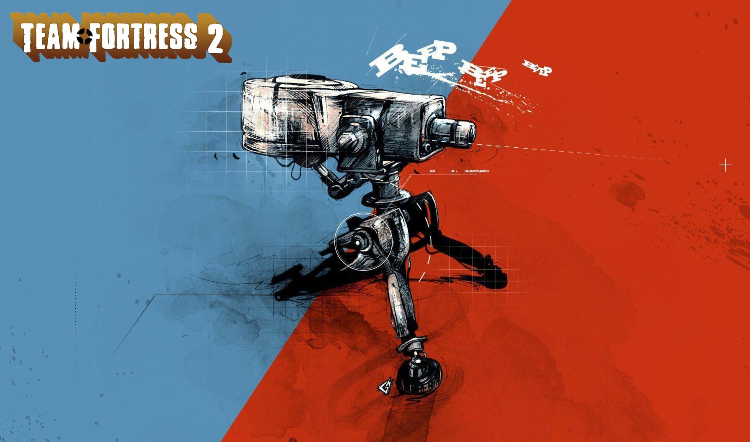 2440x1440 Tf2 桌布 壁紙 — 一個風格化的機械相機安裝在三腳架上，在藍紅分半的背景前擺好姿勢，並帶有「Team Fortress 2」標誌。