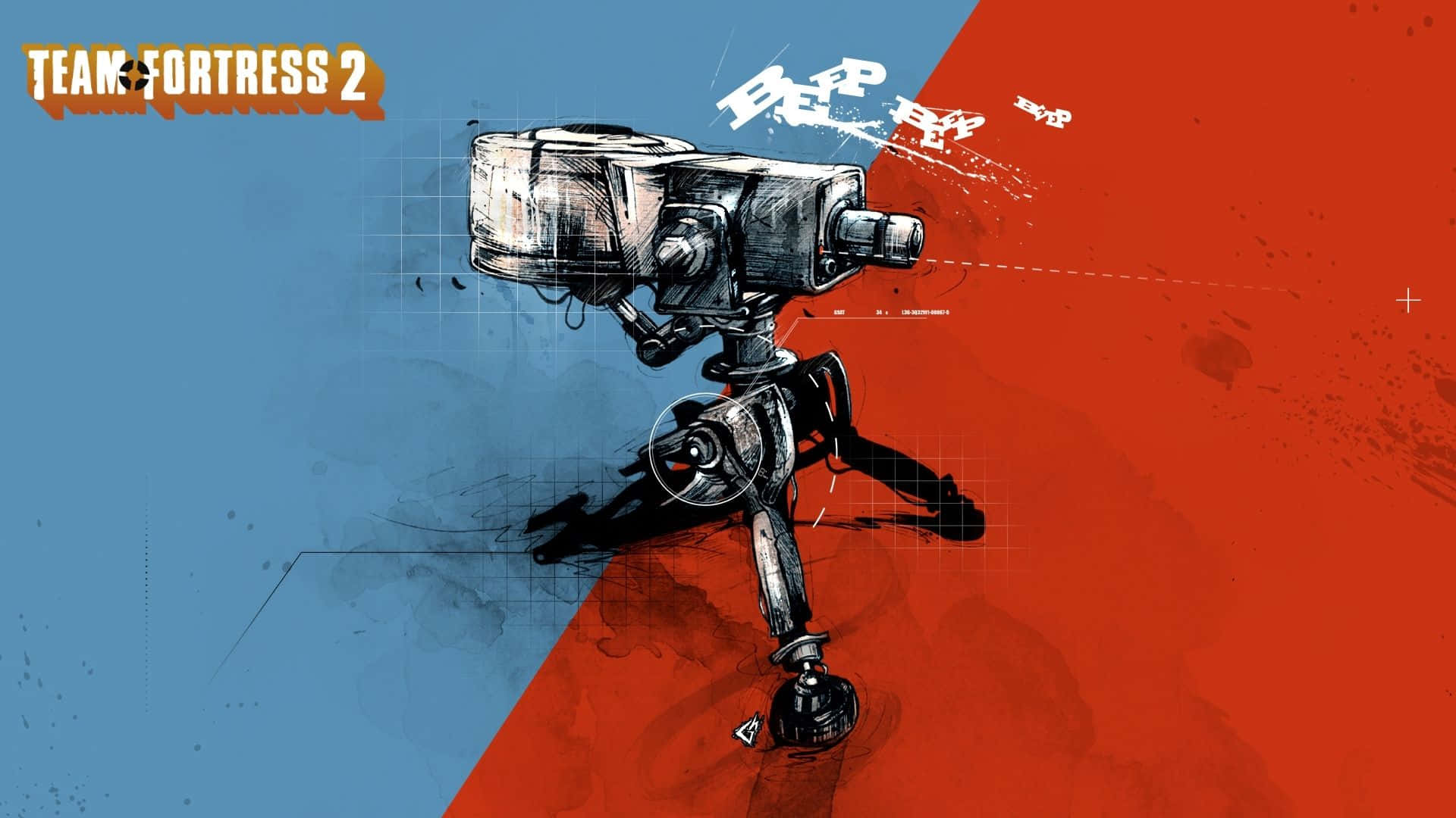 1920x1080 Tf2 桌布 壁紙 — 一個風格化的機械相機安裝在三腳架上，站在一個帶有塗鴉和網格線的藍紅分割背景前。